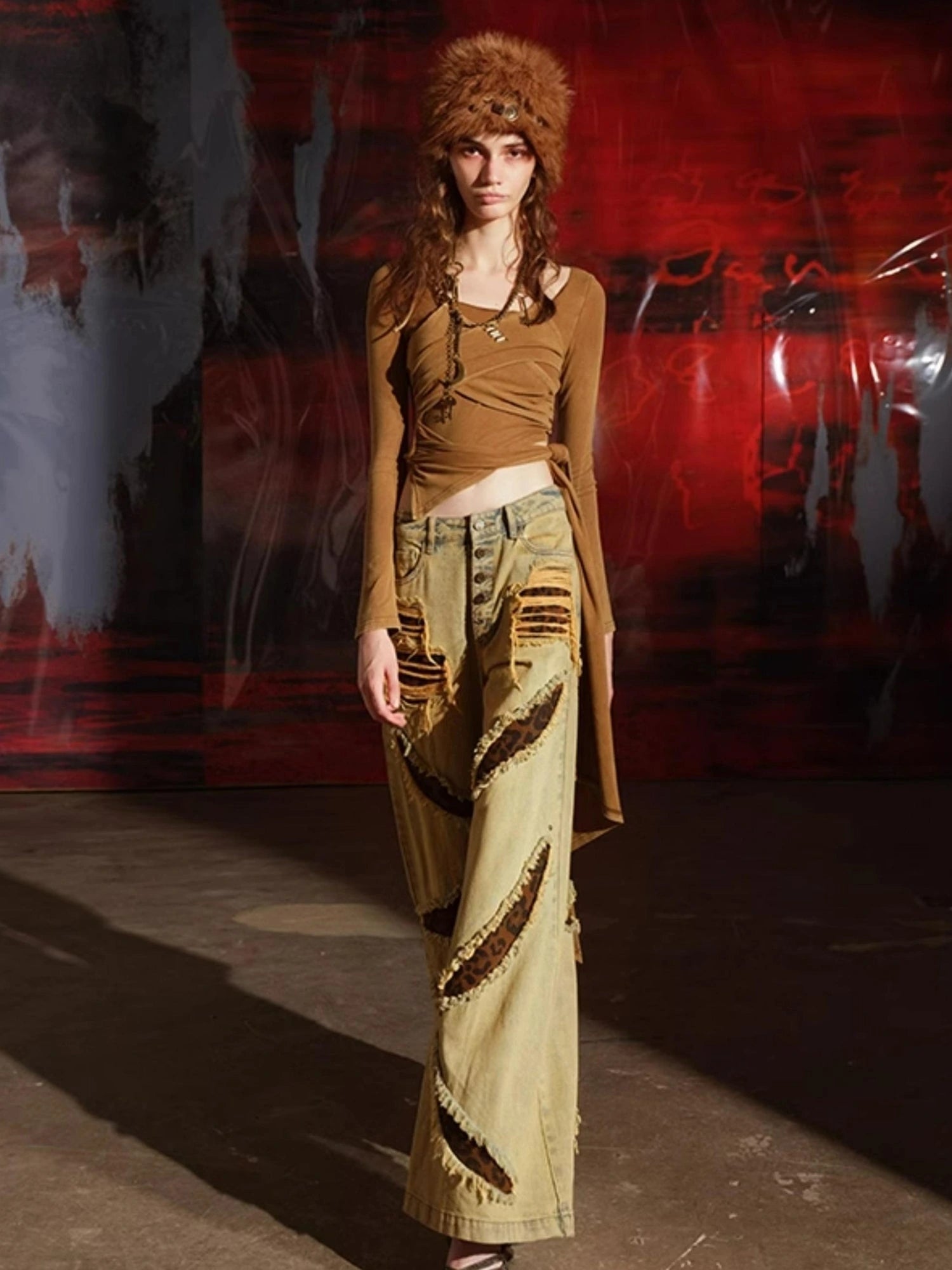 Leopard Print Patchwork Denim Flares