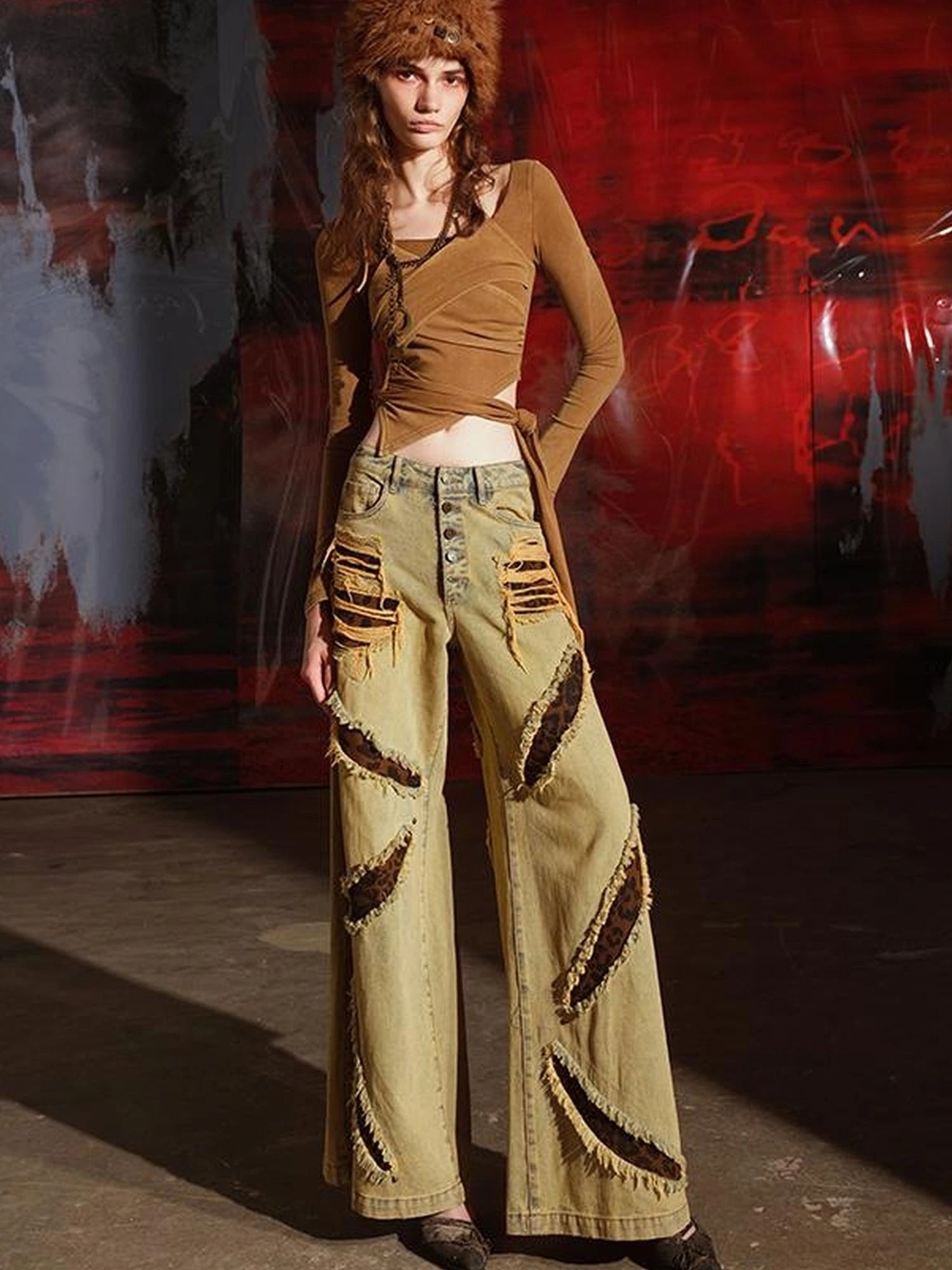 Leopard Print Patchwork Denim Flares