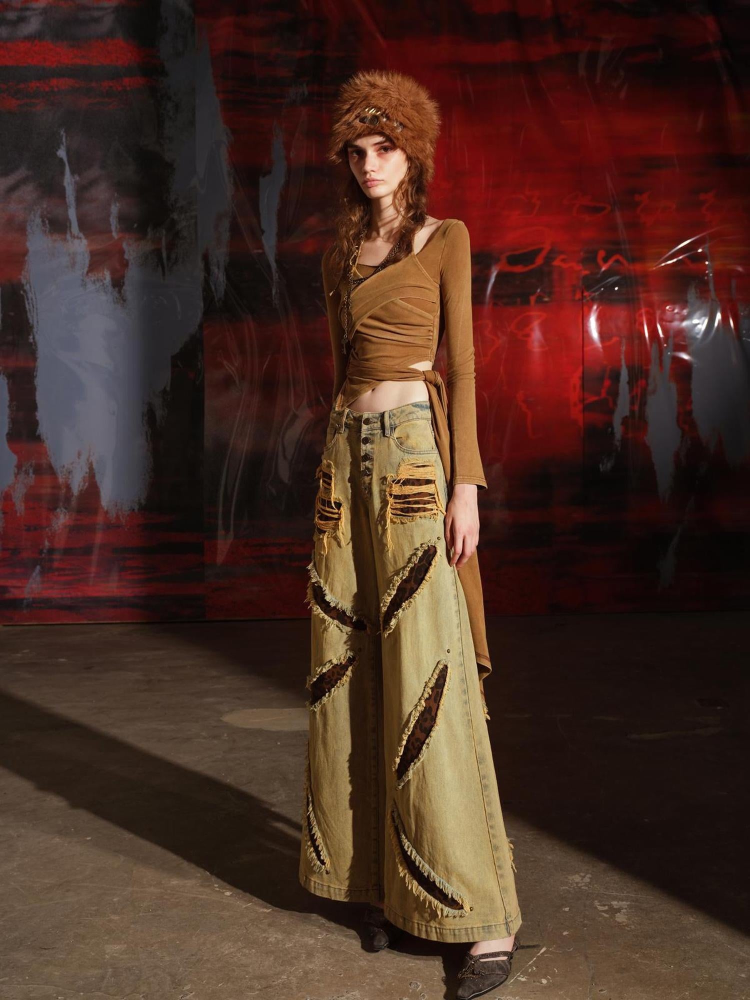 UpdateNN NORTH NODE Leopard Print Patchwork Denim Flares