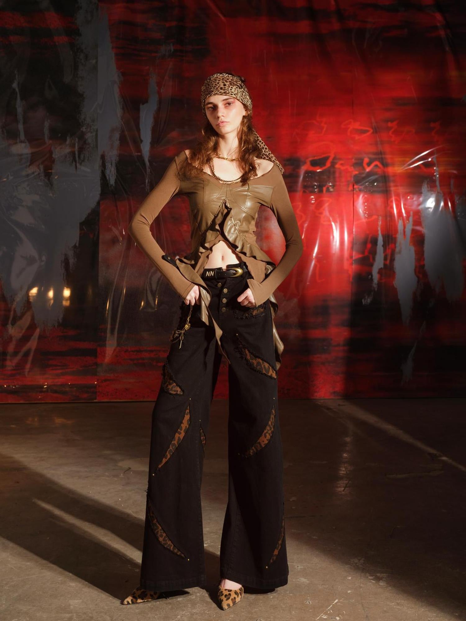 UpdateNN NORTH NODE Leopard Print Patchwork Denim Flares