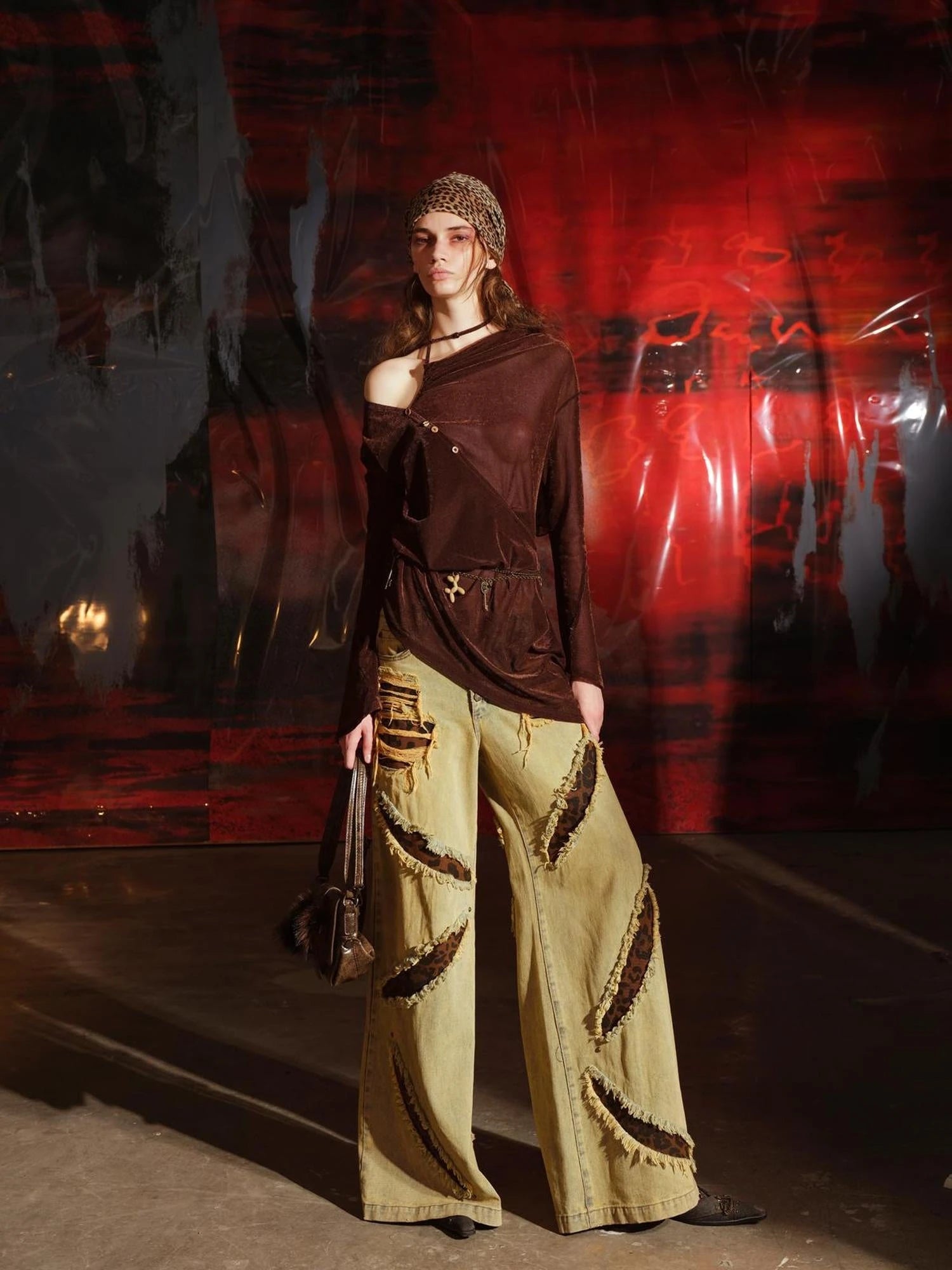 Leopard Print Patchwork Denim Flares