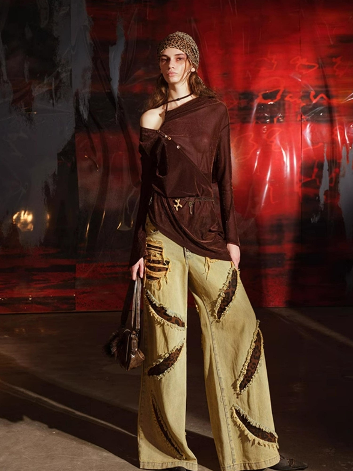 UpdateNN NORTH NODE Leopard Print Patchwork Denim Flares