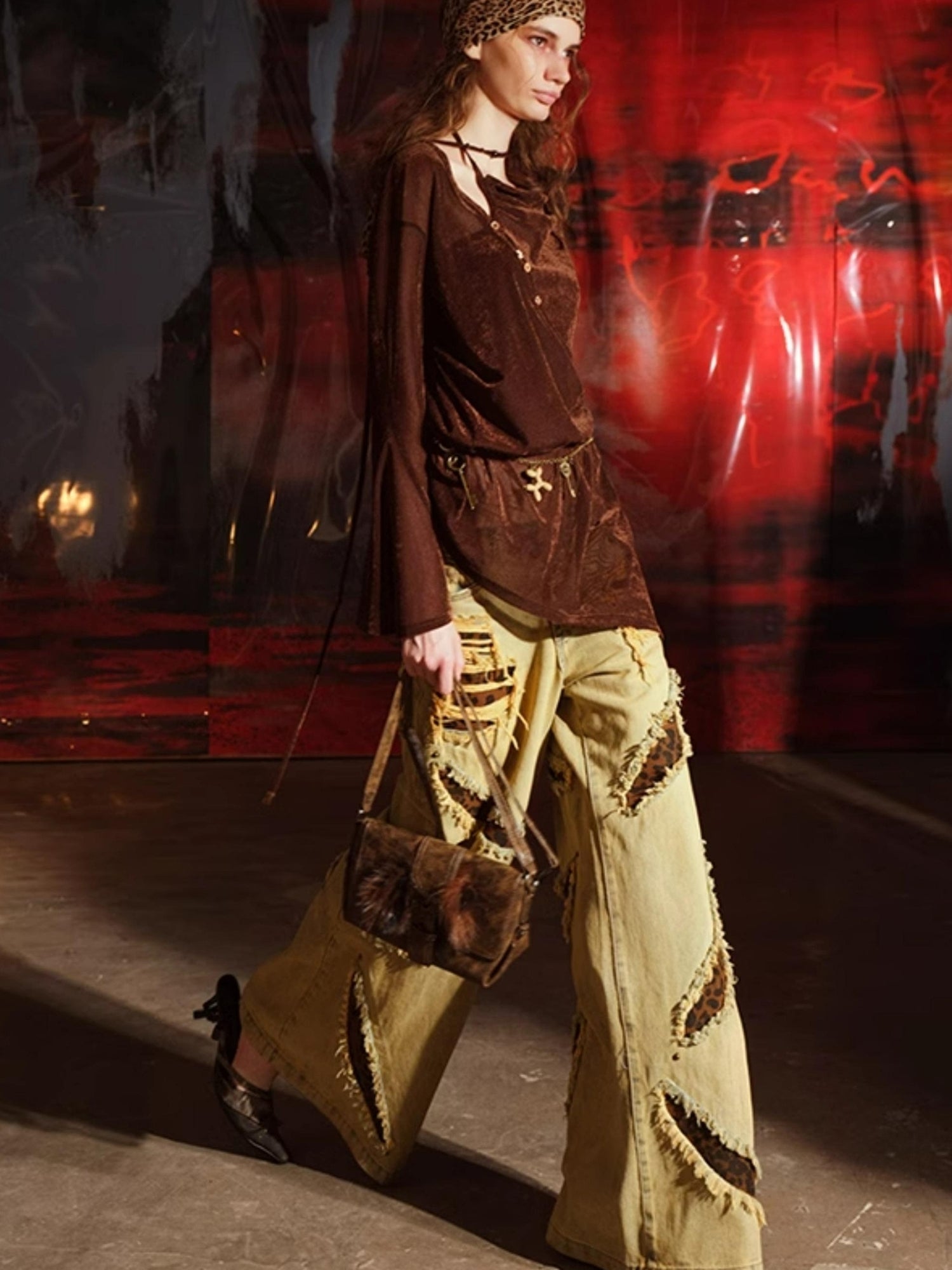 UpdateNN NORTH NODE Leopard Print Patchwork Denim Flares