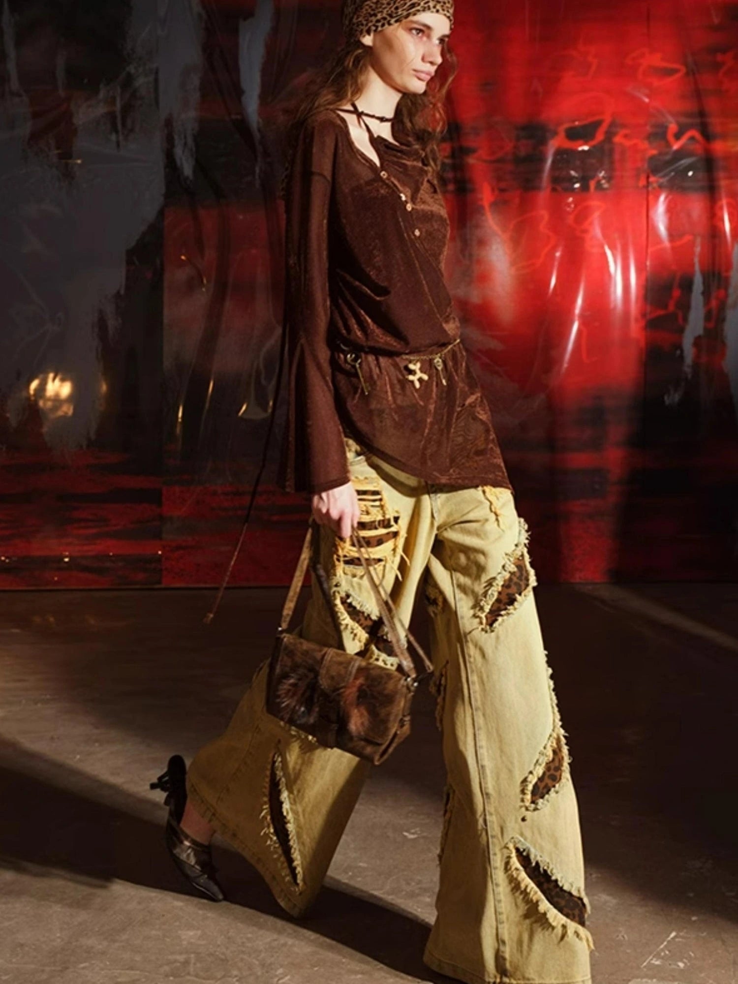 Leopard Print Patchwork Denim Flares