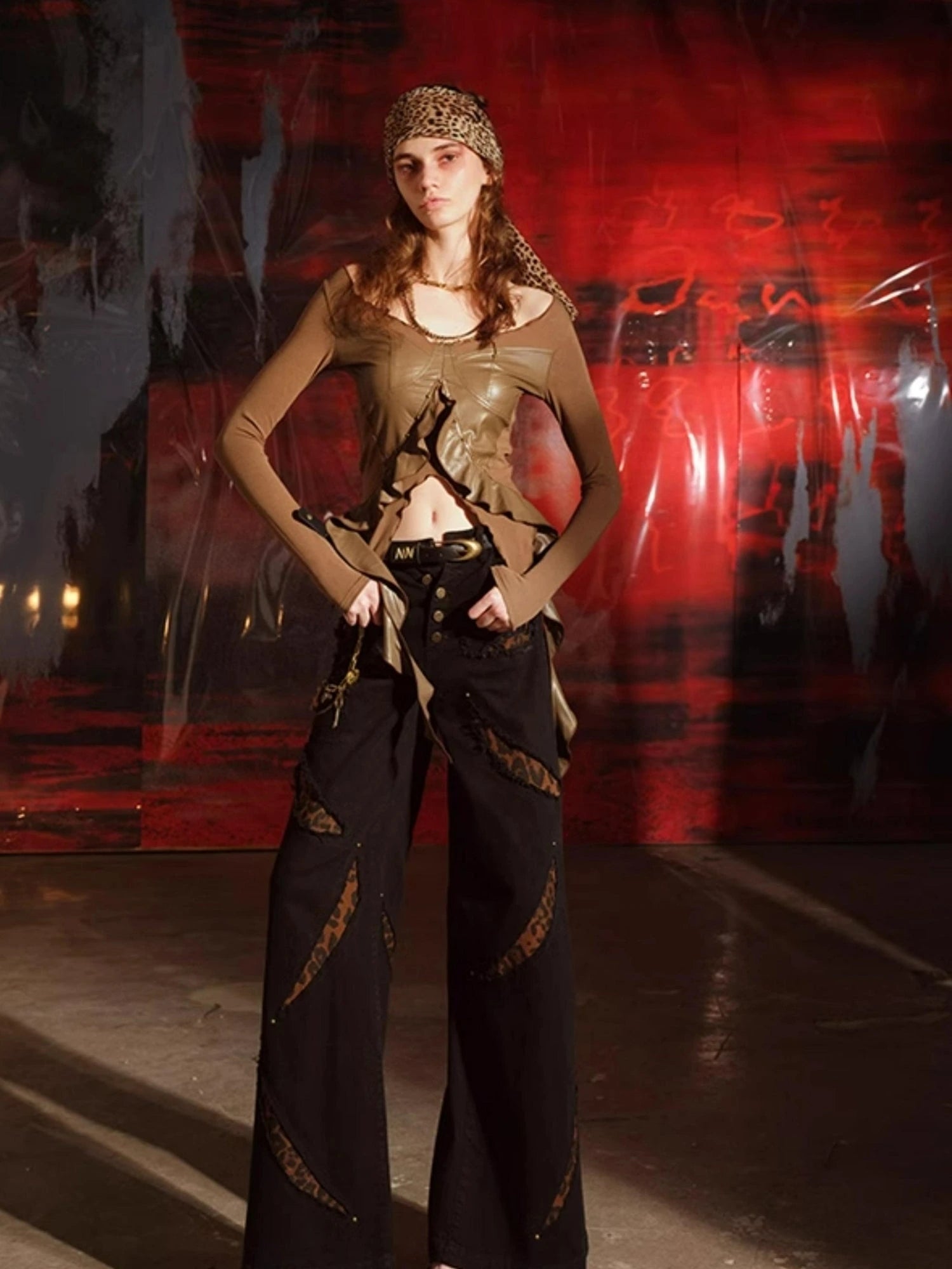 Leopard Print Patchwork Denim Flares