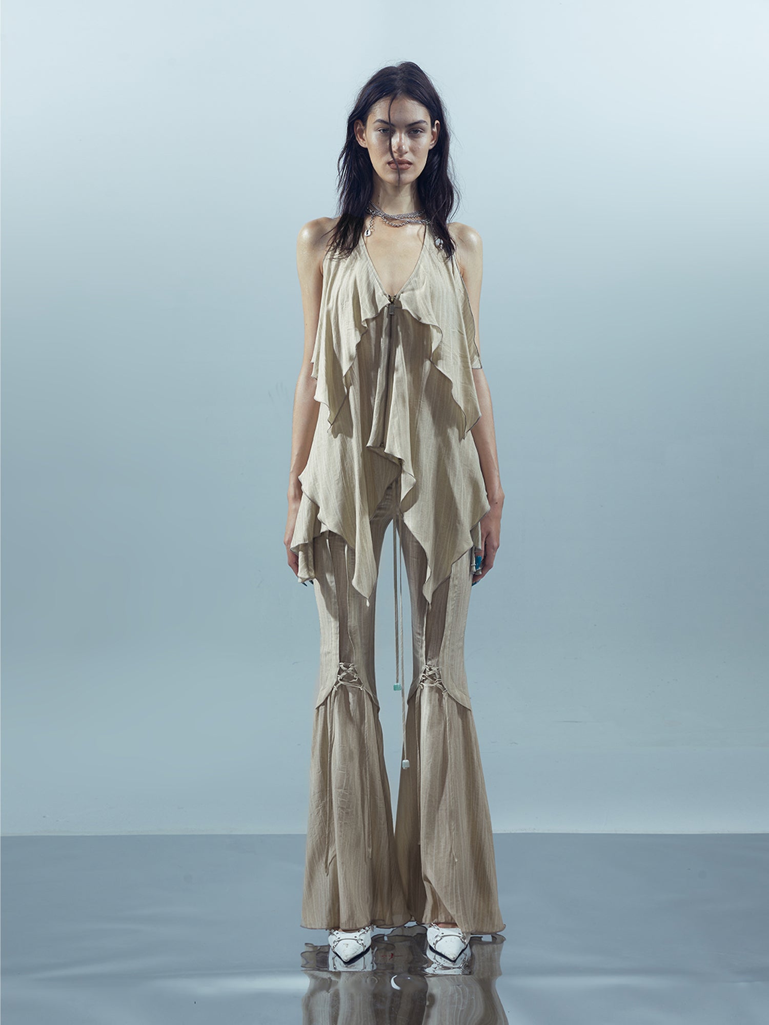 UpdateNN NORTH NODE Liquid Seam Flared Trousers with Flowy Side Panels