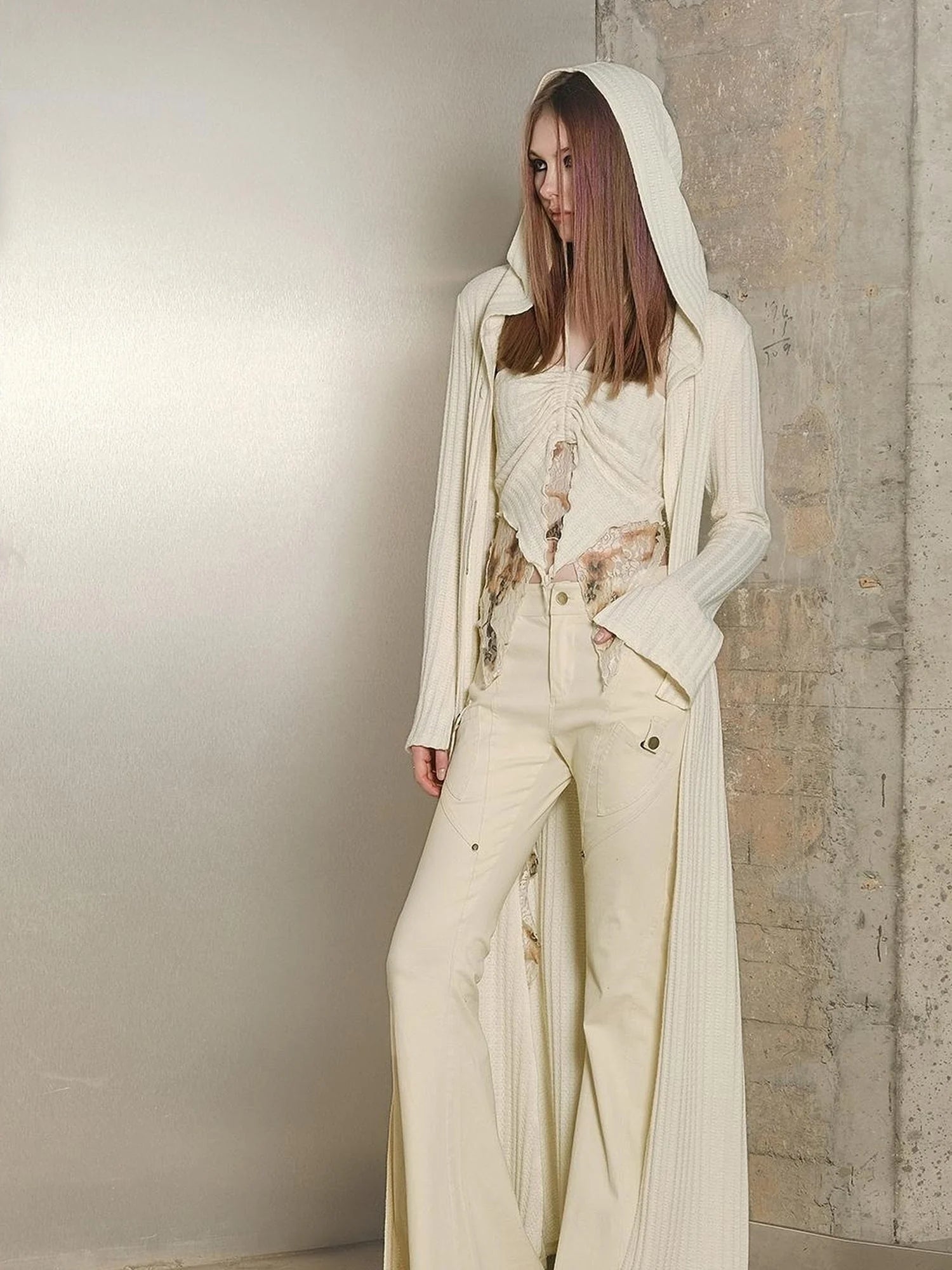 Long Hooded Slim Fit Knit Cardigan with Halter Neck Camisole