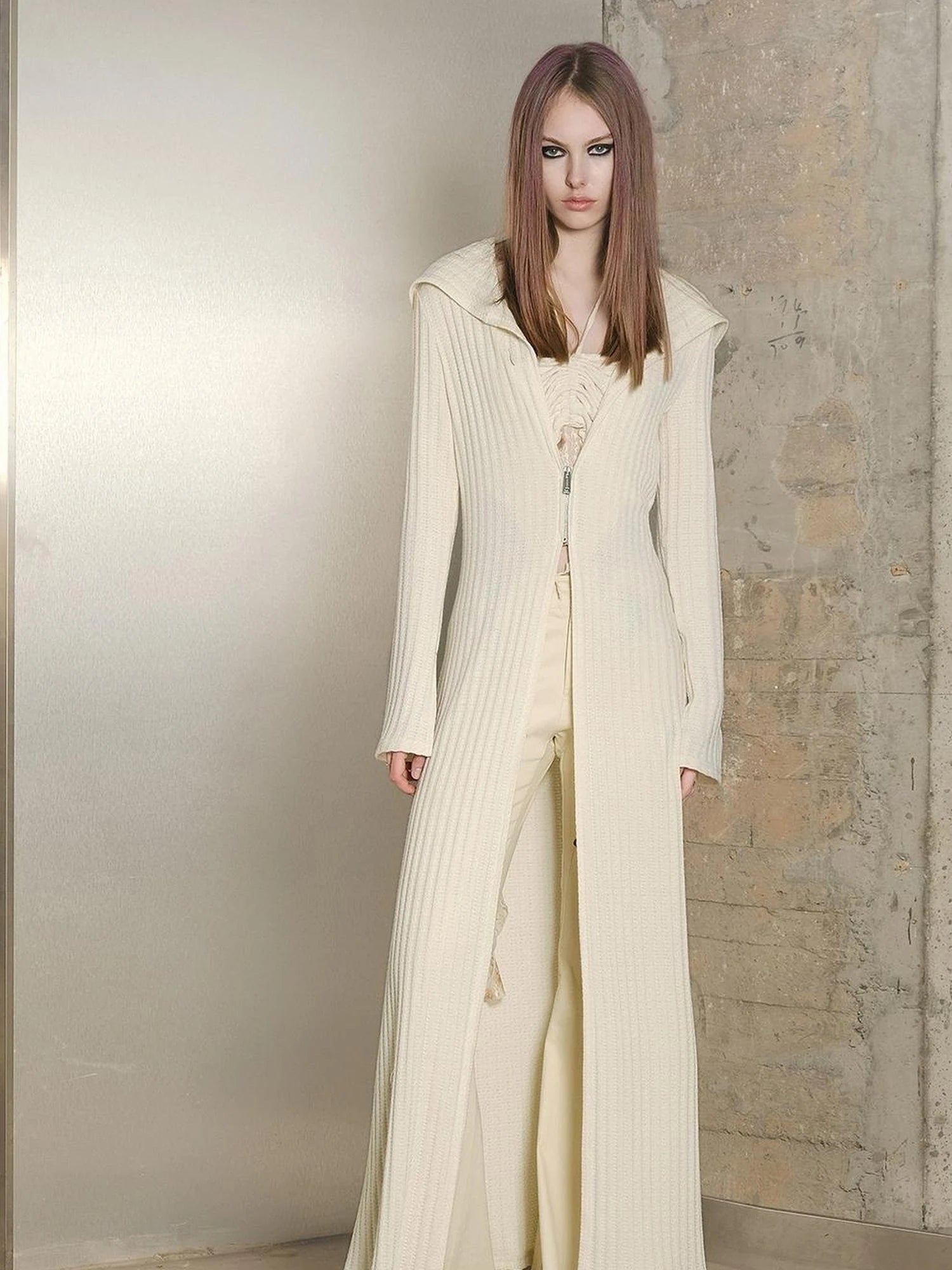 Long Hooded Slim Fit Knit Cardigan with Halter Neck Camisole