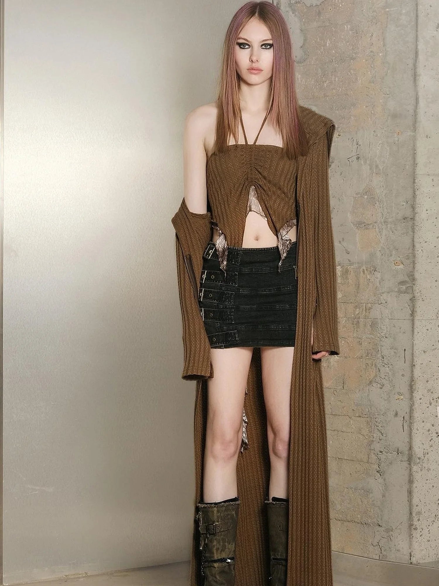 Long Hooded Slim Fit Knit Cardigan with Halter Neck Camisole