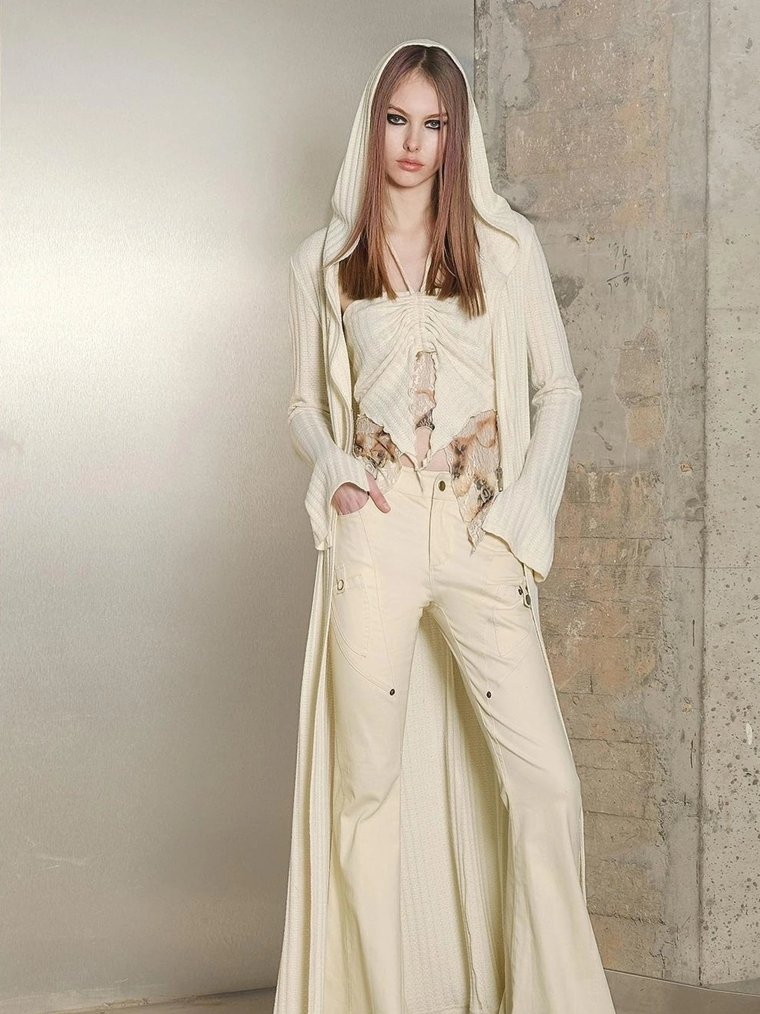 Long Hooded Slim Fit Knit Cardigan with Halter Neck Camisole