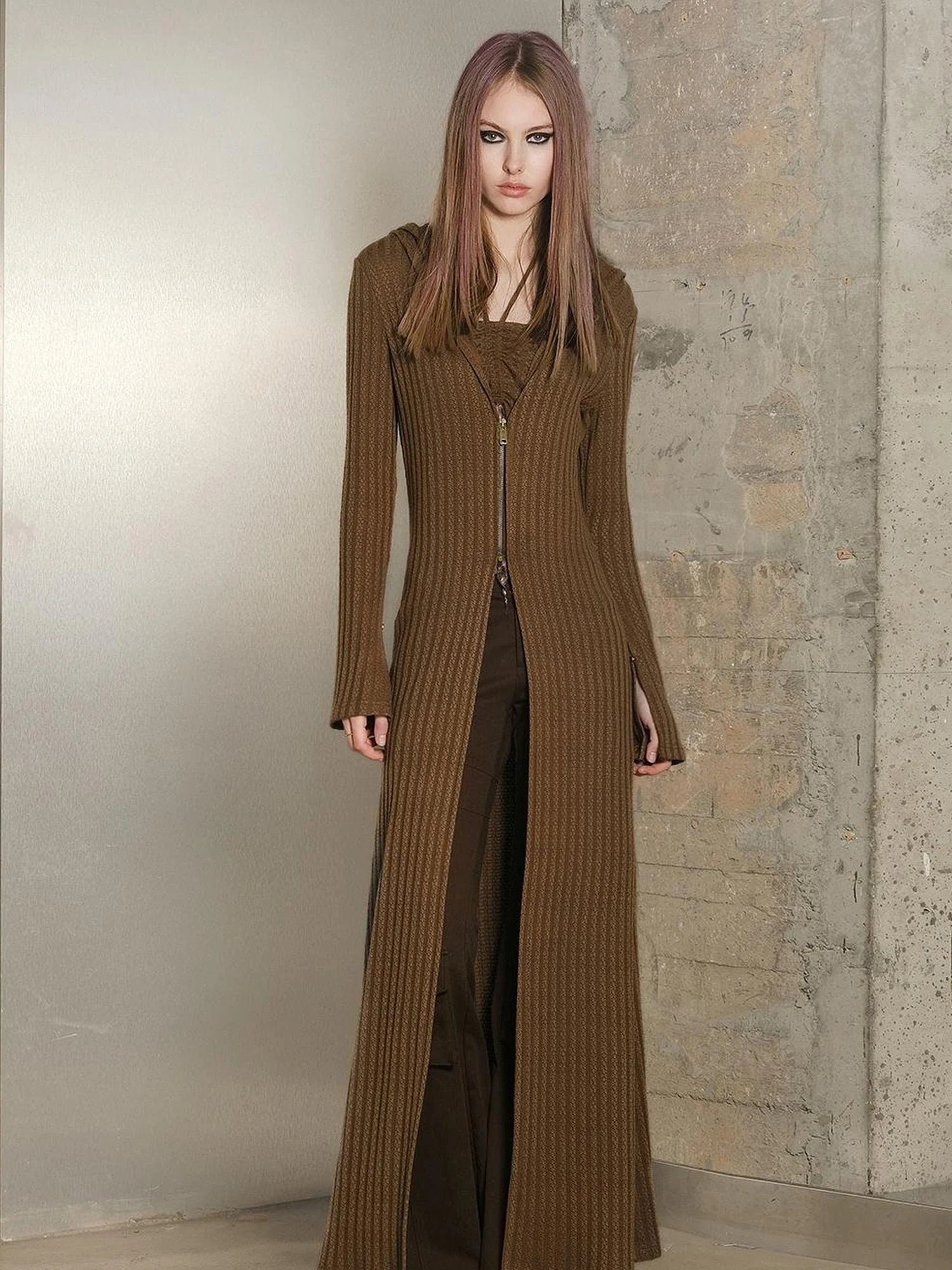 Long Hooded Slim Fit Knit Cardigan with Halter Neck Camisole