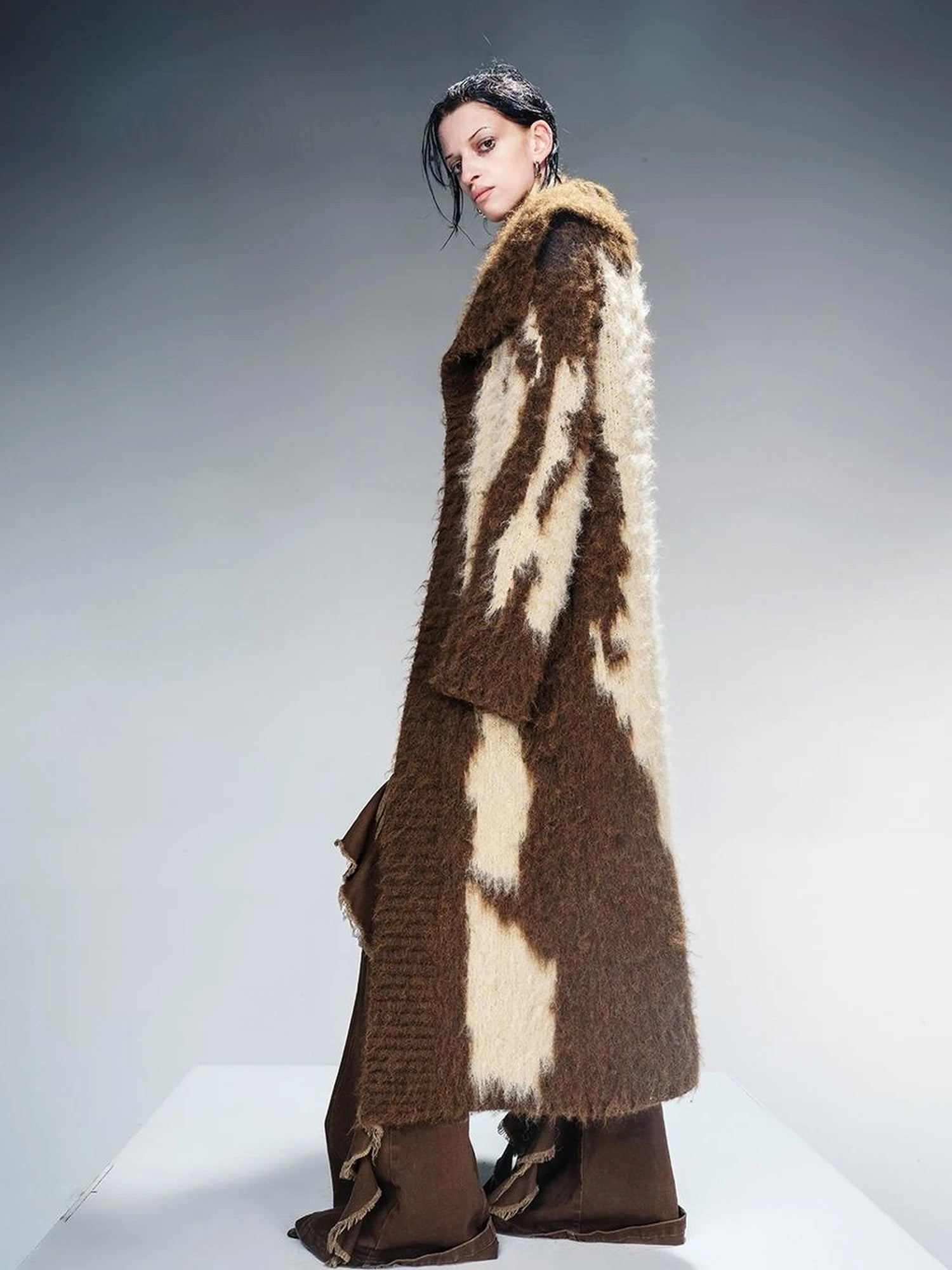 Long Knit Cardigan With Brushed Texture And Shawl Collar