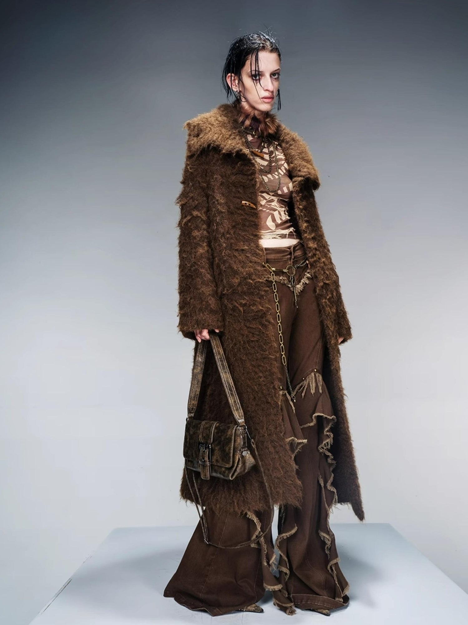 NN NORTH NODE Long Knit Cardigan With Brushed Texture And Shawl Collar