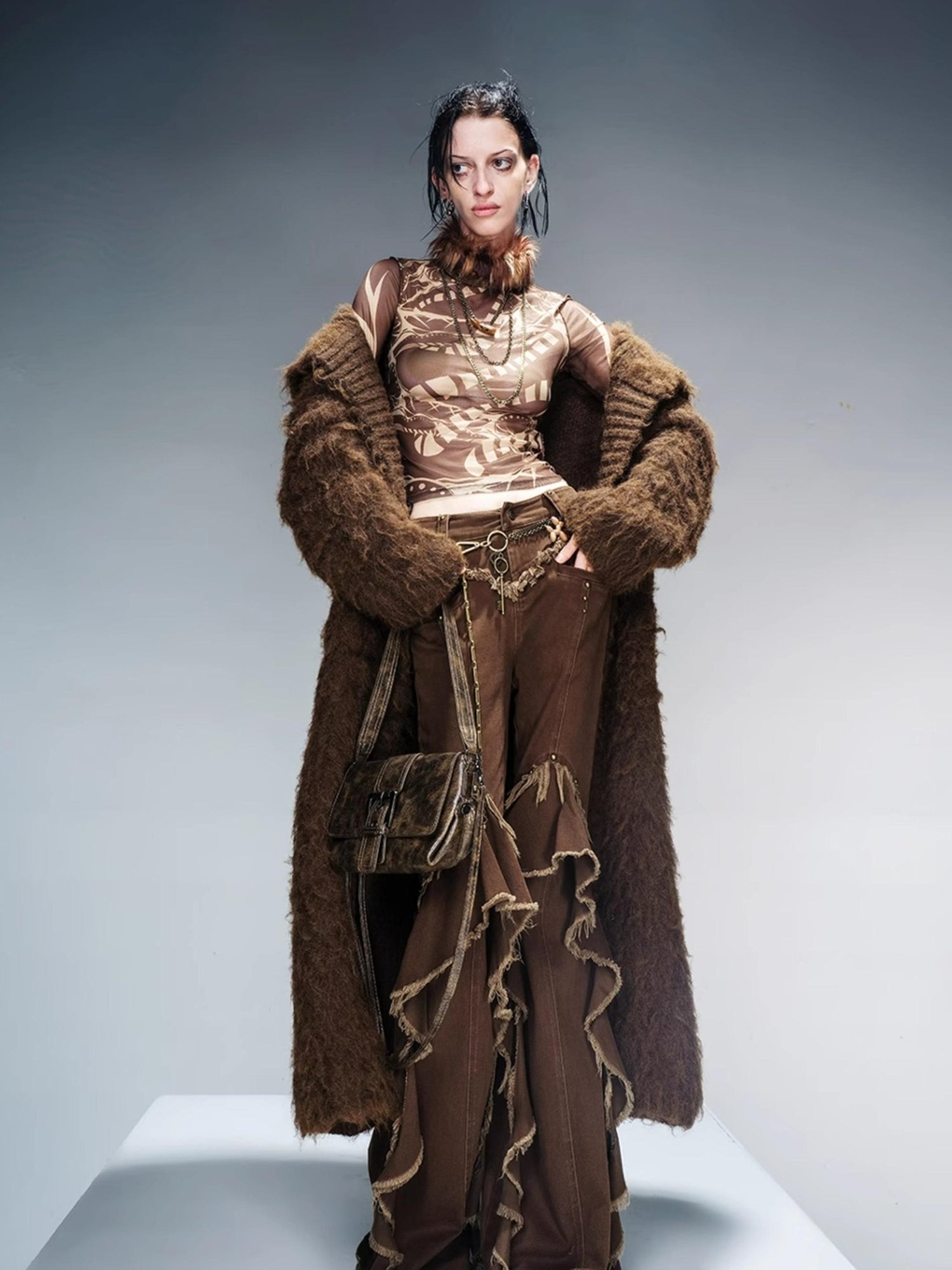 NN NORTH NODE Long Knit Cardigan With Brushed Texture And Shawl Collar