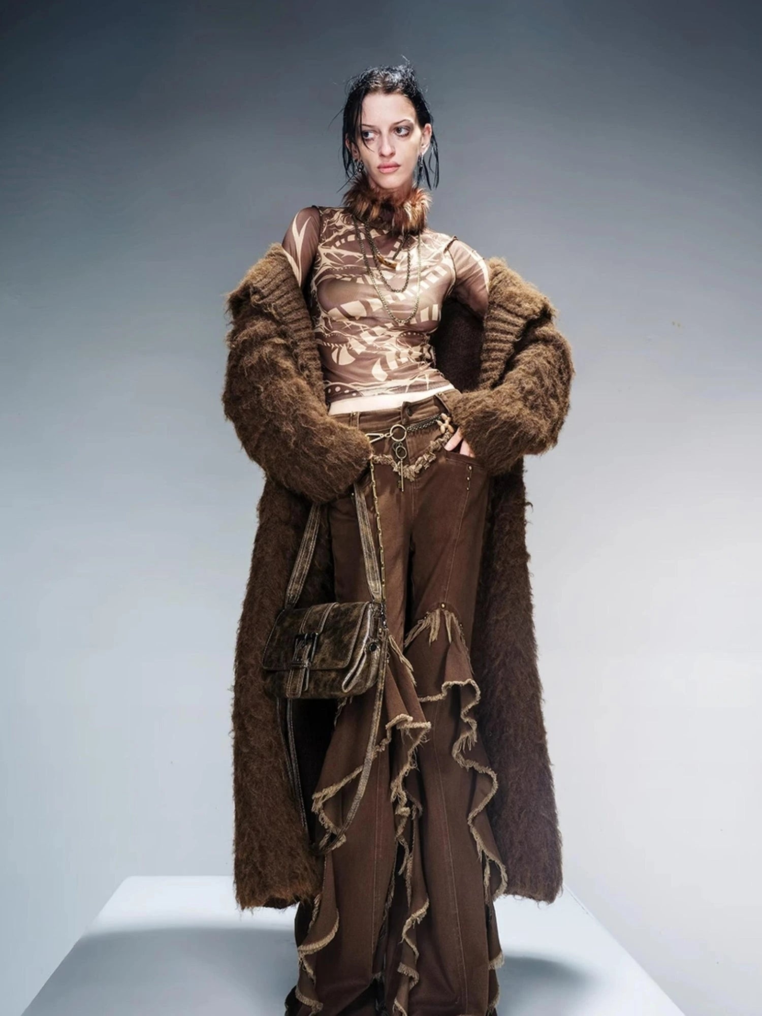 Long Knit Cardigan With Brushed Texture And Shawl Collar