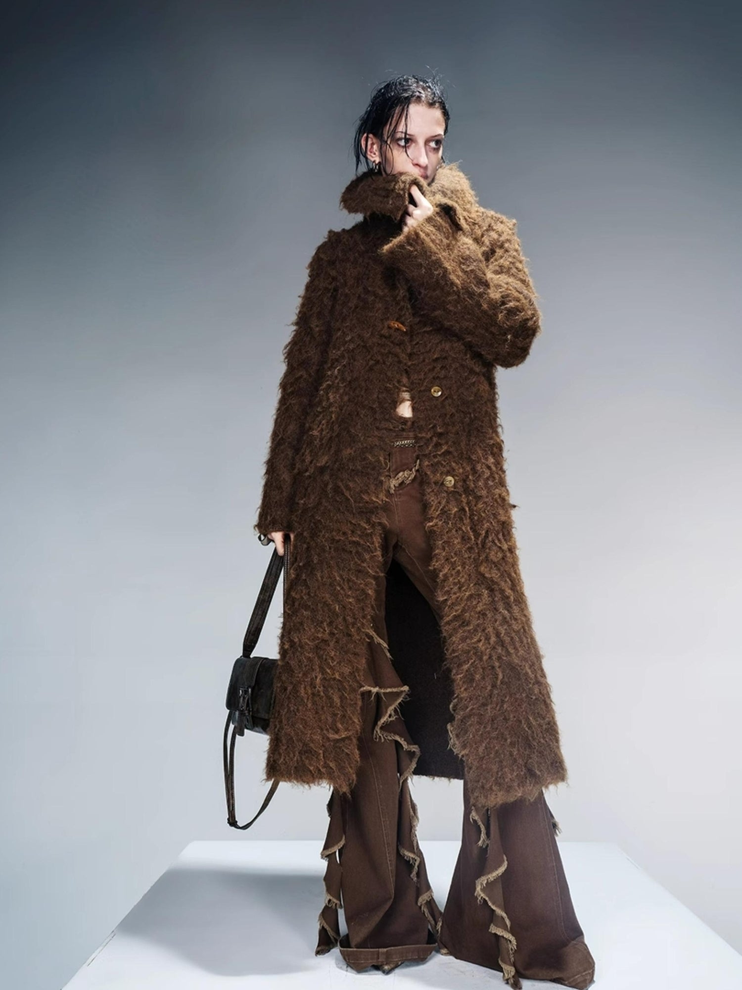NN NORTH NODE Long Knit Cardigan With Brushed Texture And Shawl Collar
