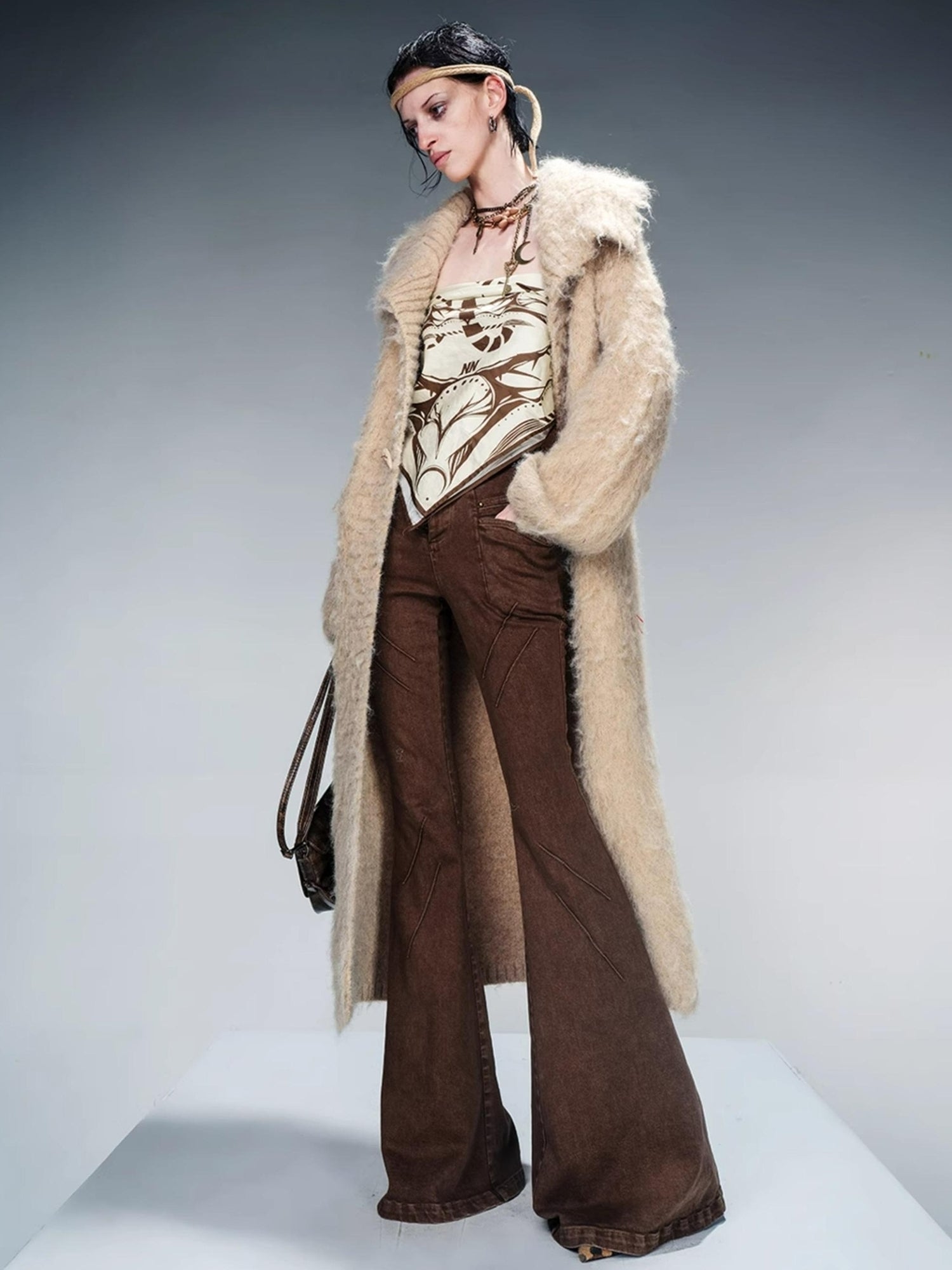NN NORTH NODE Long Knit Cardigan With Brushed Texture And Shawl Collar