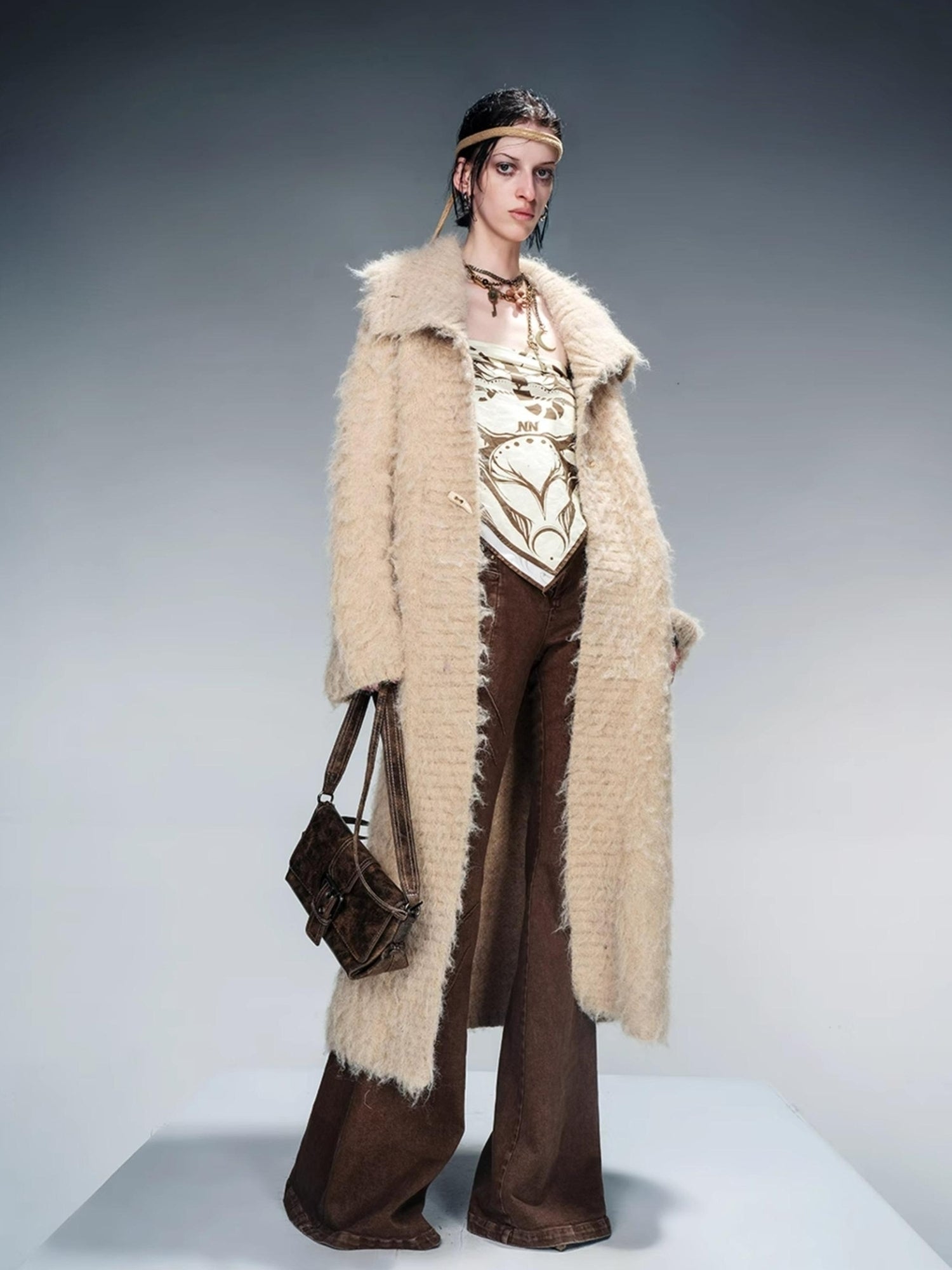 NN NORTH NODE Long Knit Cardigan With Brushed Texture And Shawl Collar