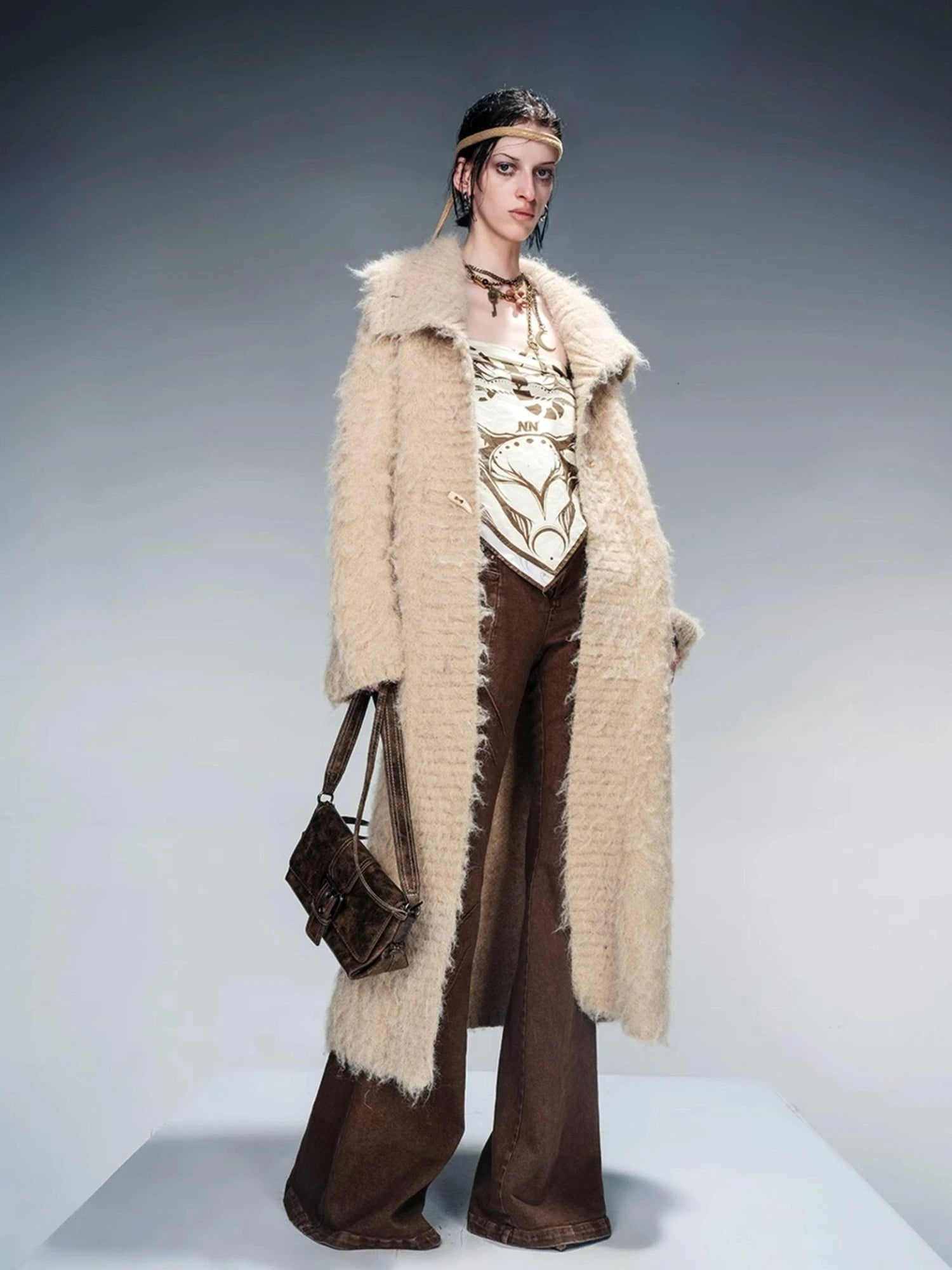 Long Knit Cardigan With Brushed Texture And Shawl Collar