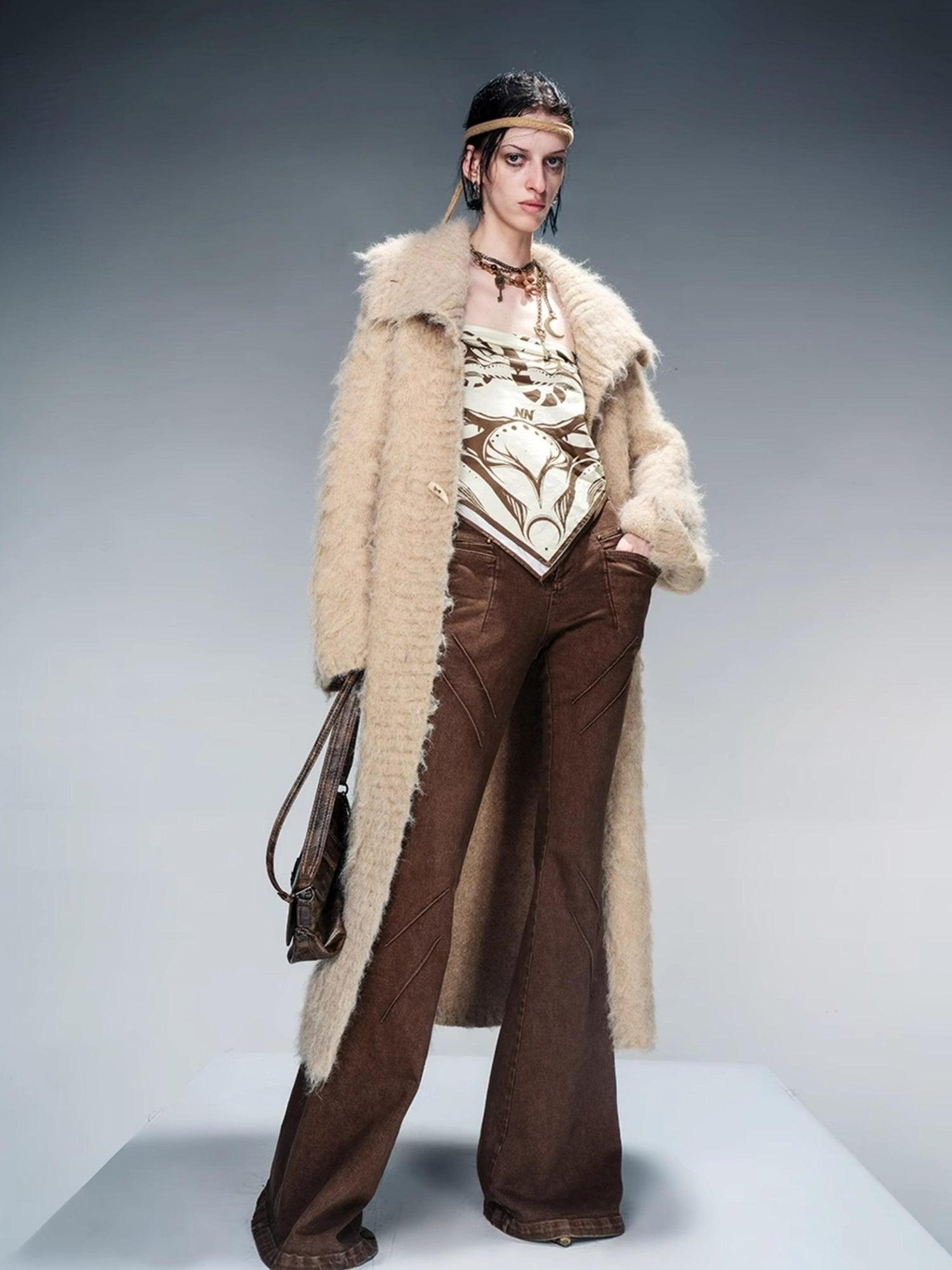 NN NORTH NODE Long Knit Cardigan With Brushed Texture And Shawl Collar