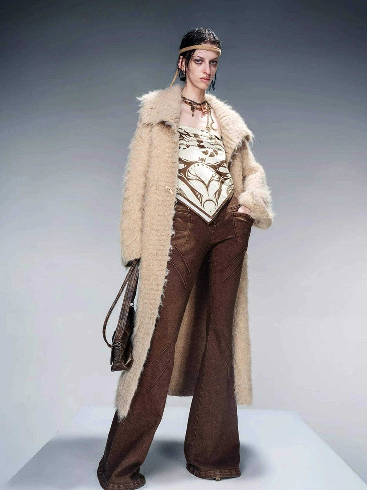 Long Knit Cardigan With Brushed Texture And Shawl Collar