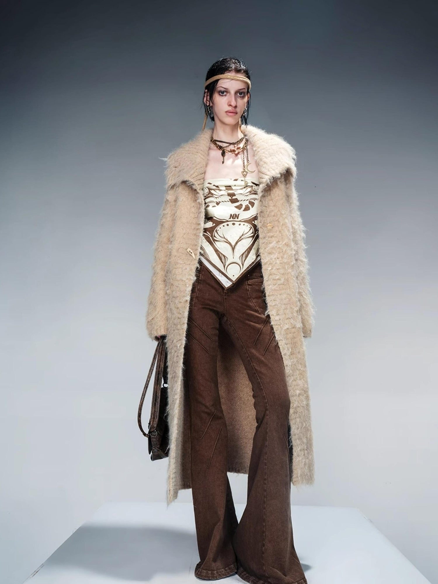 NN NORTH NODE Long Knit Cardigan With Brushed Texture And Shawl Collar