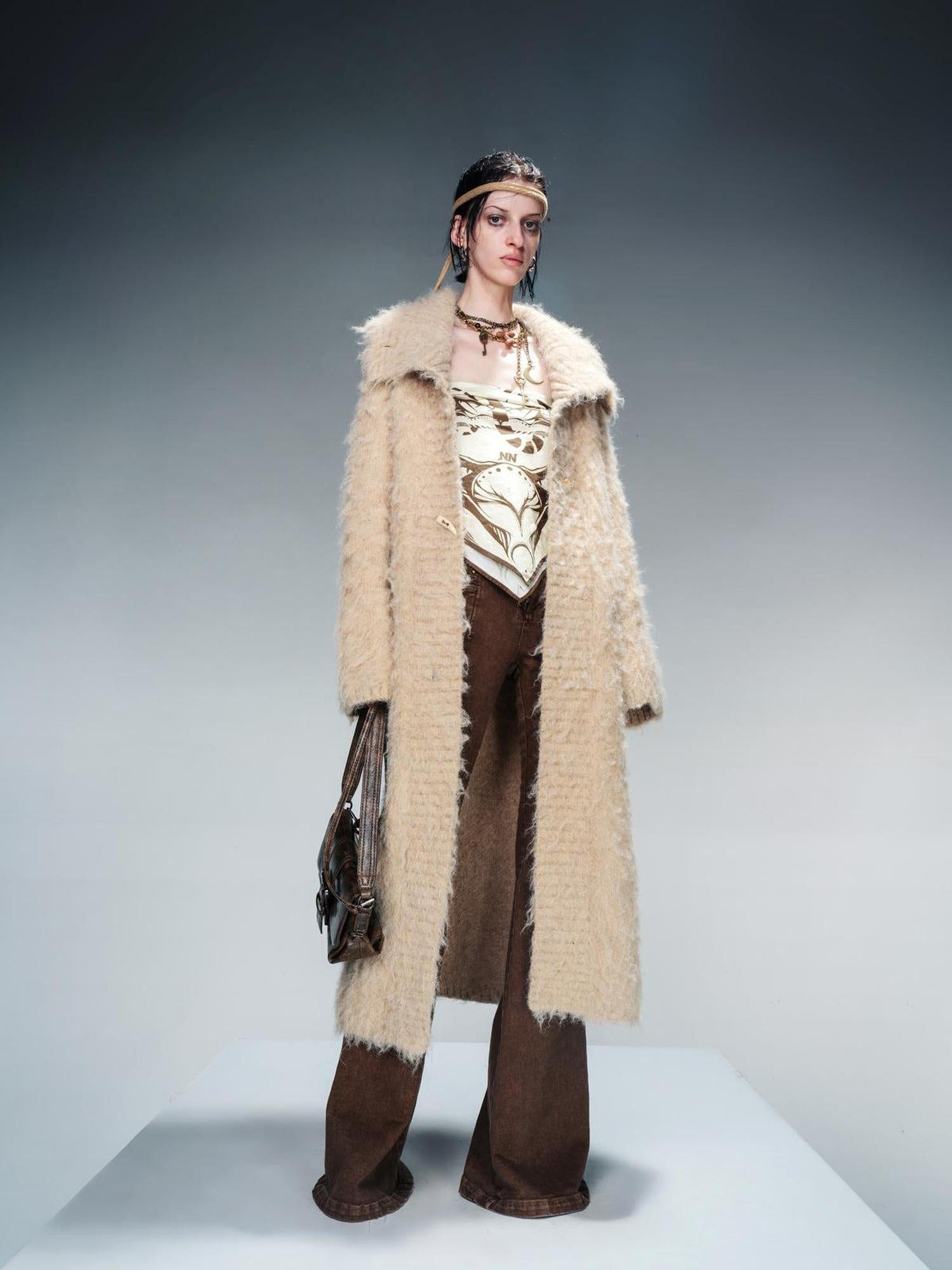 NN NORTH NODE Long Knit Cardigan With Brushed Texture And Shawl Collar