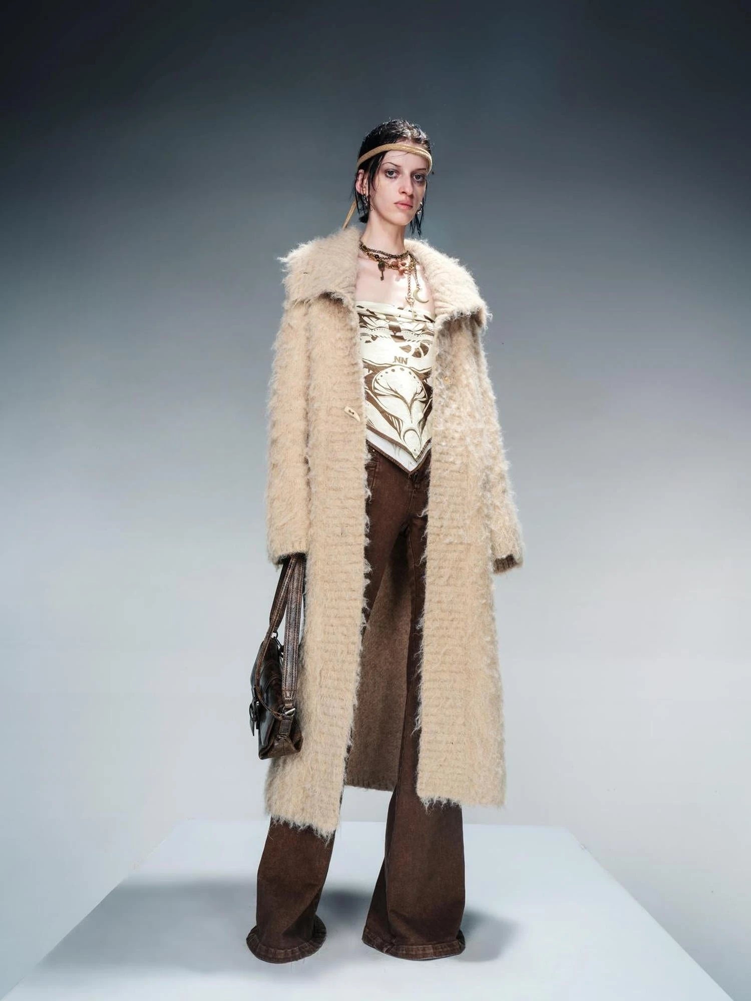 Long Knit Cardigan With Brushed Texture And Shawl Collar