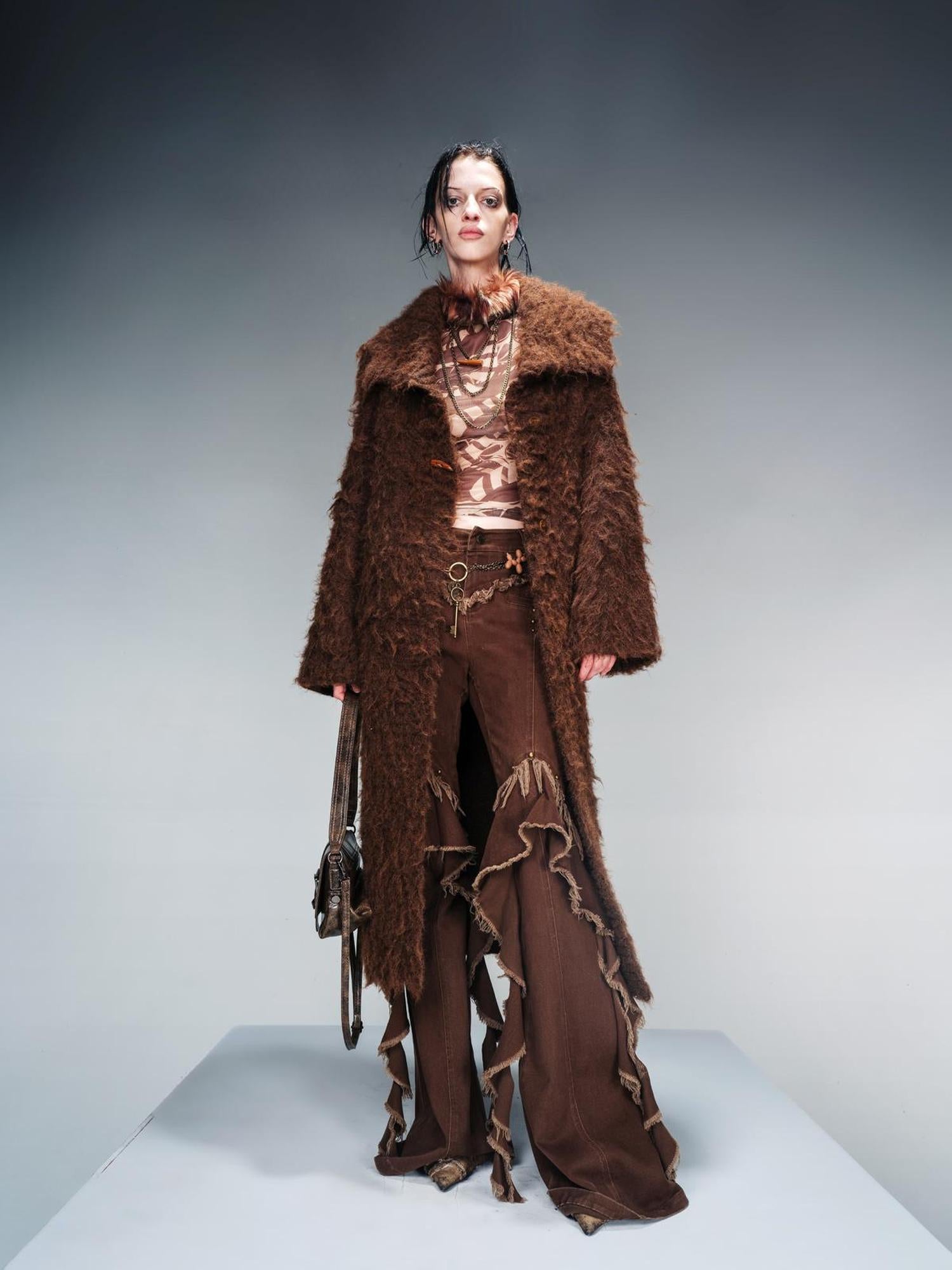 NN NORTH NODE Long Knit Cardigan With Brushed Texture And Shawl Collar