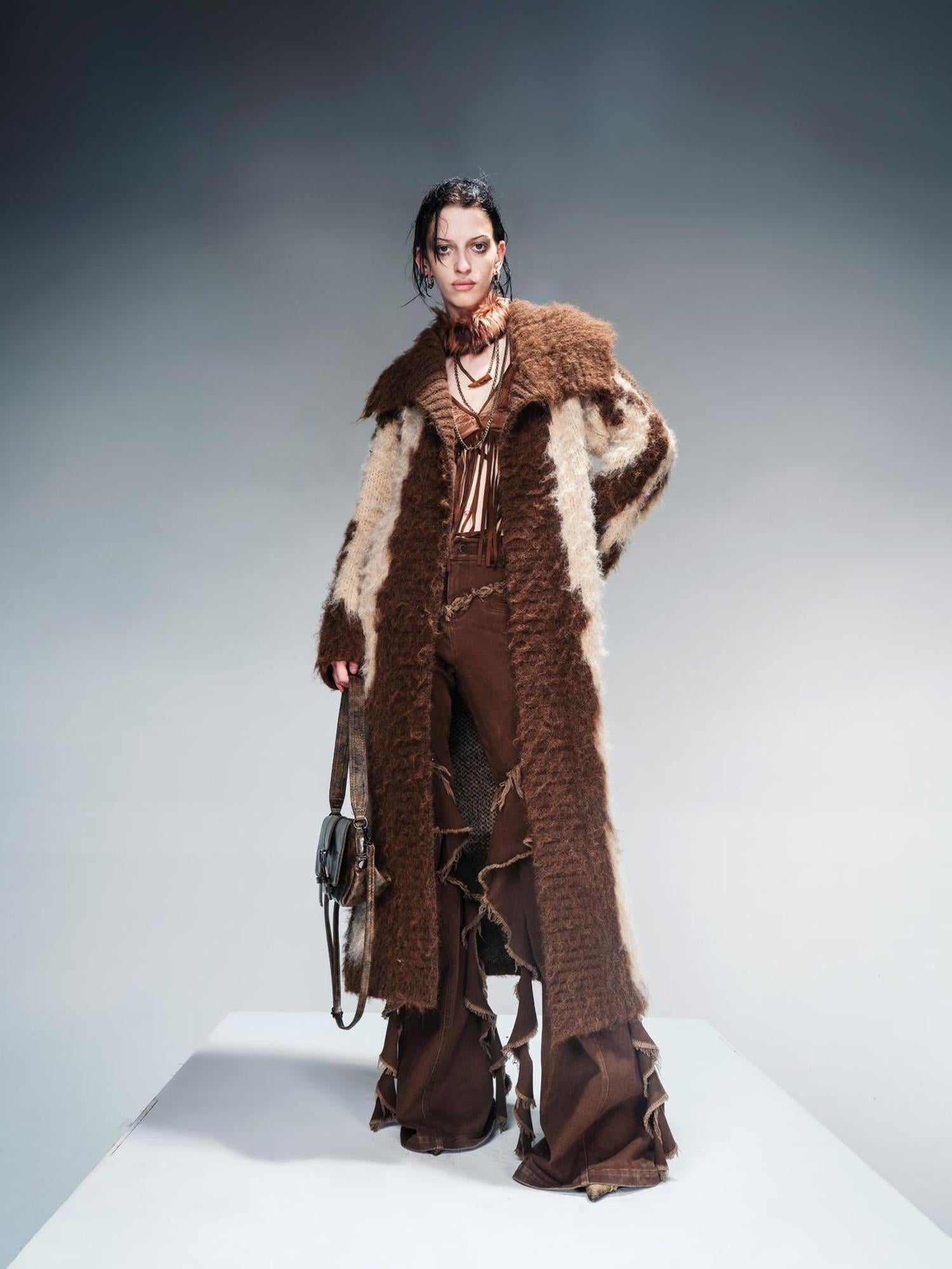 NN NORTH NODE Long Knit Cardigan With Brushed Texture And Shawl Collar