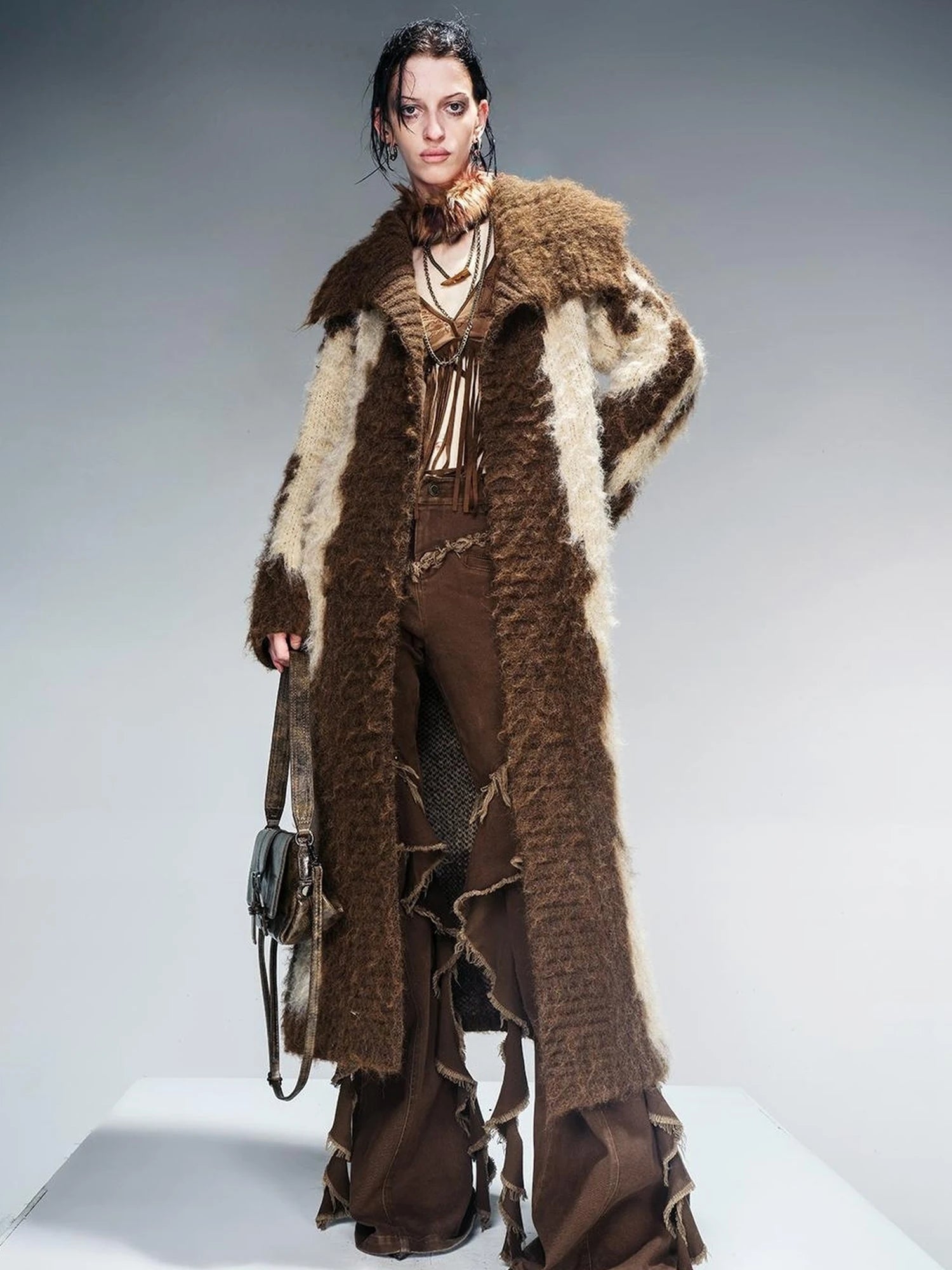 Long Knit Cardigan With Brushed Texture And Shawl Collar