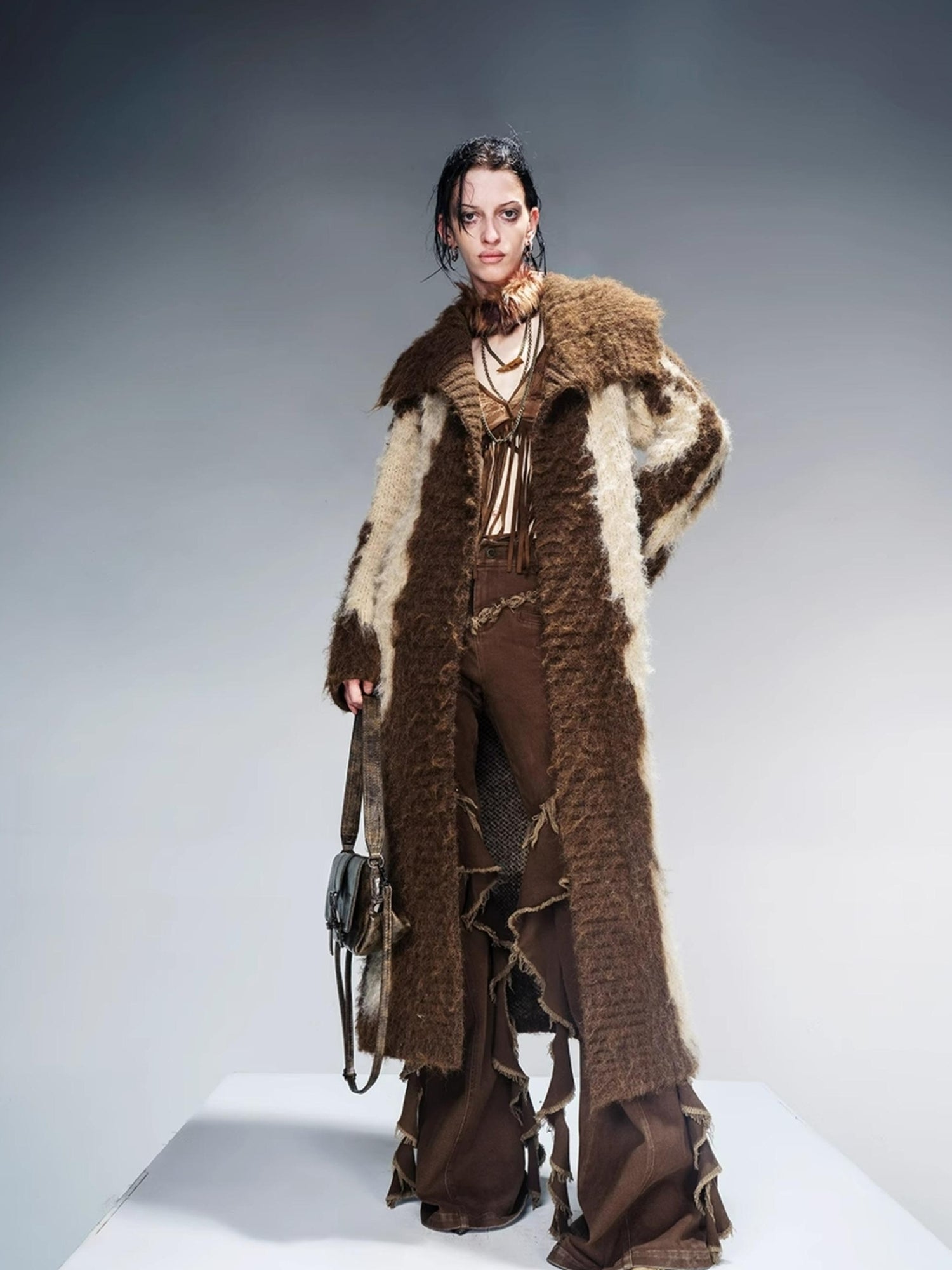 NN NORTH NODE Long Knit Cardigan With Brushed Texture And Shawl Collar