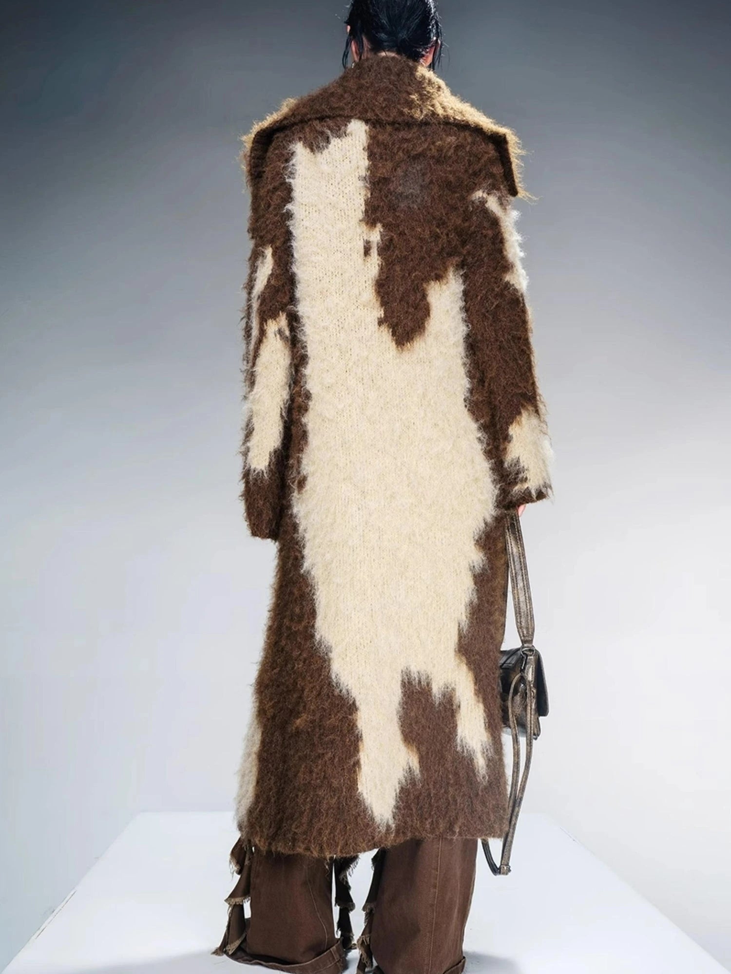 Long Knit Cardigan With Brushed Texture And Shawl Collar