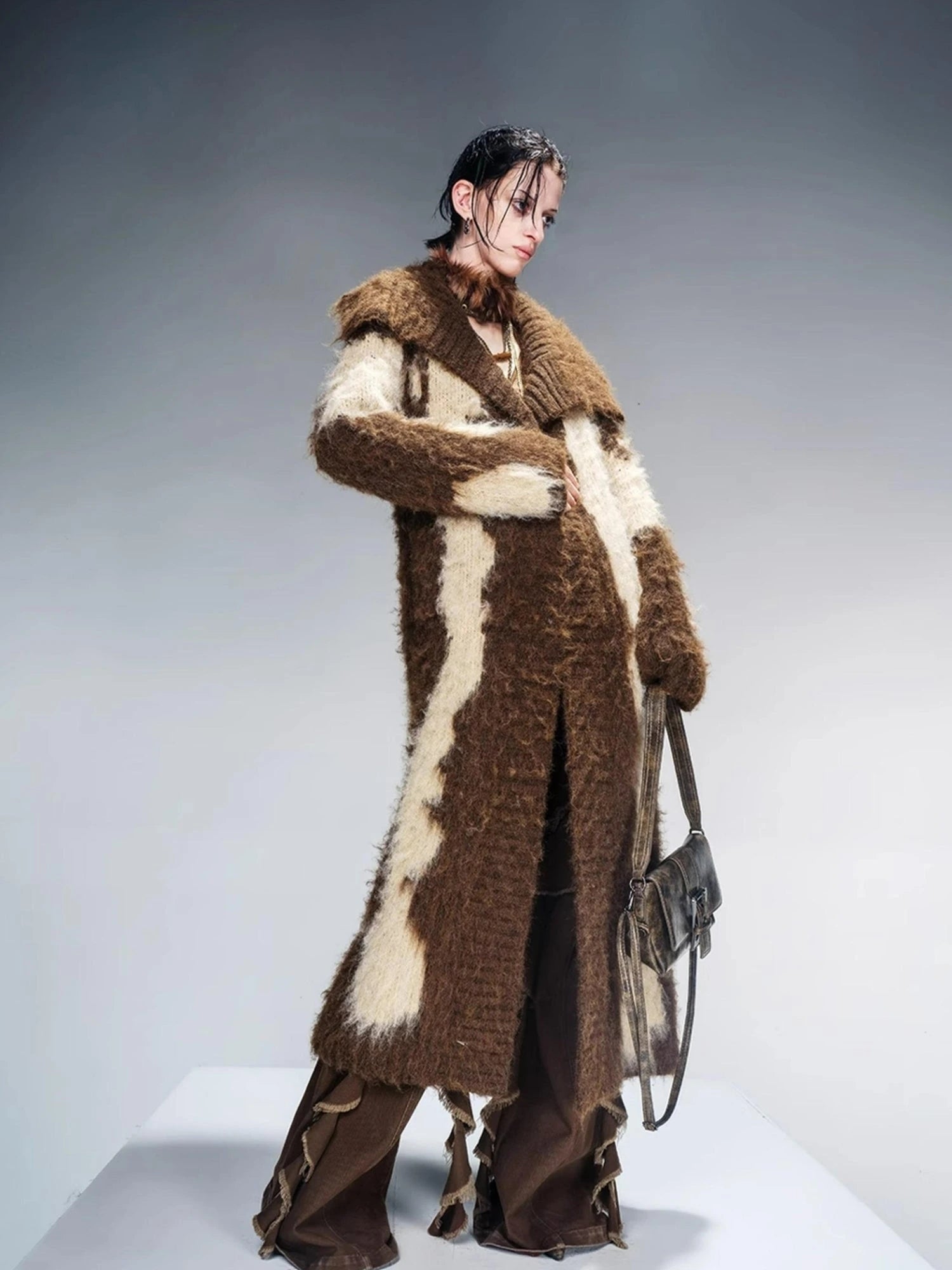 Long Knit Cardigan With Brushed Texture And Shawl Collar