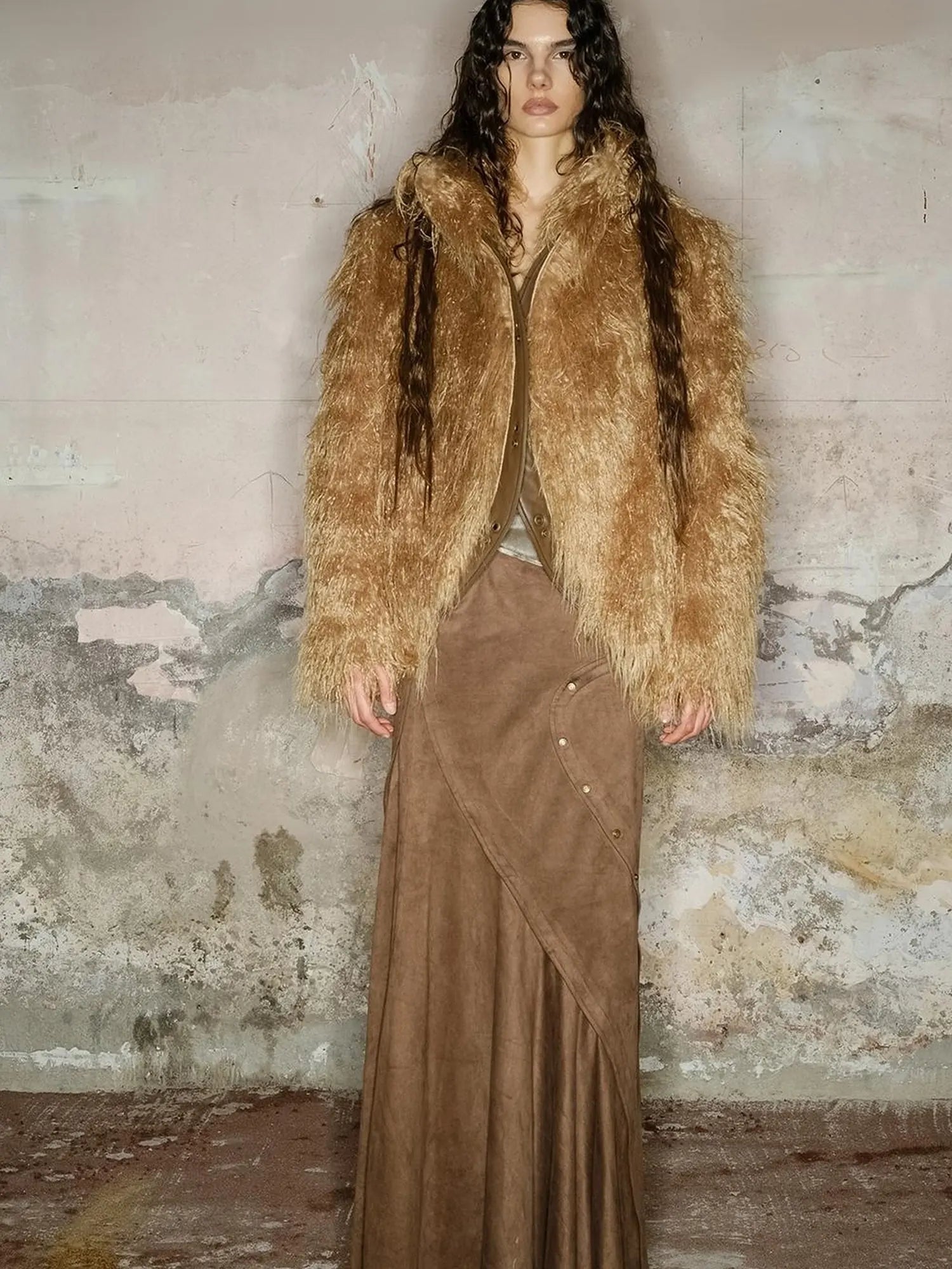 Long Plush Insulated Coat With Astral Motifs