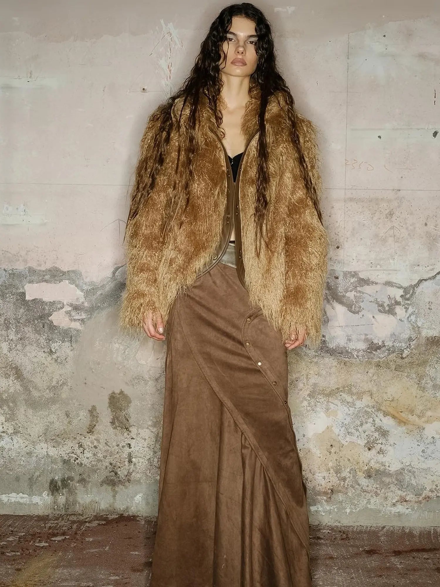 Long Plush Insulated Coat With Astral Motifs