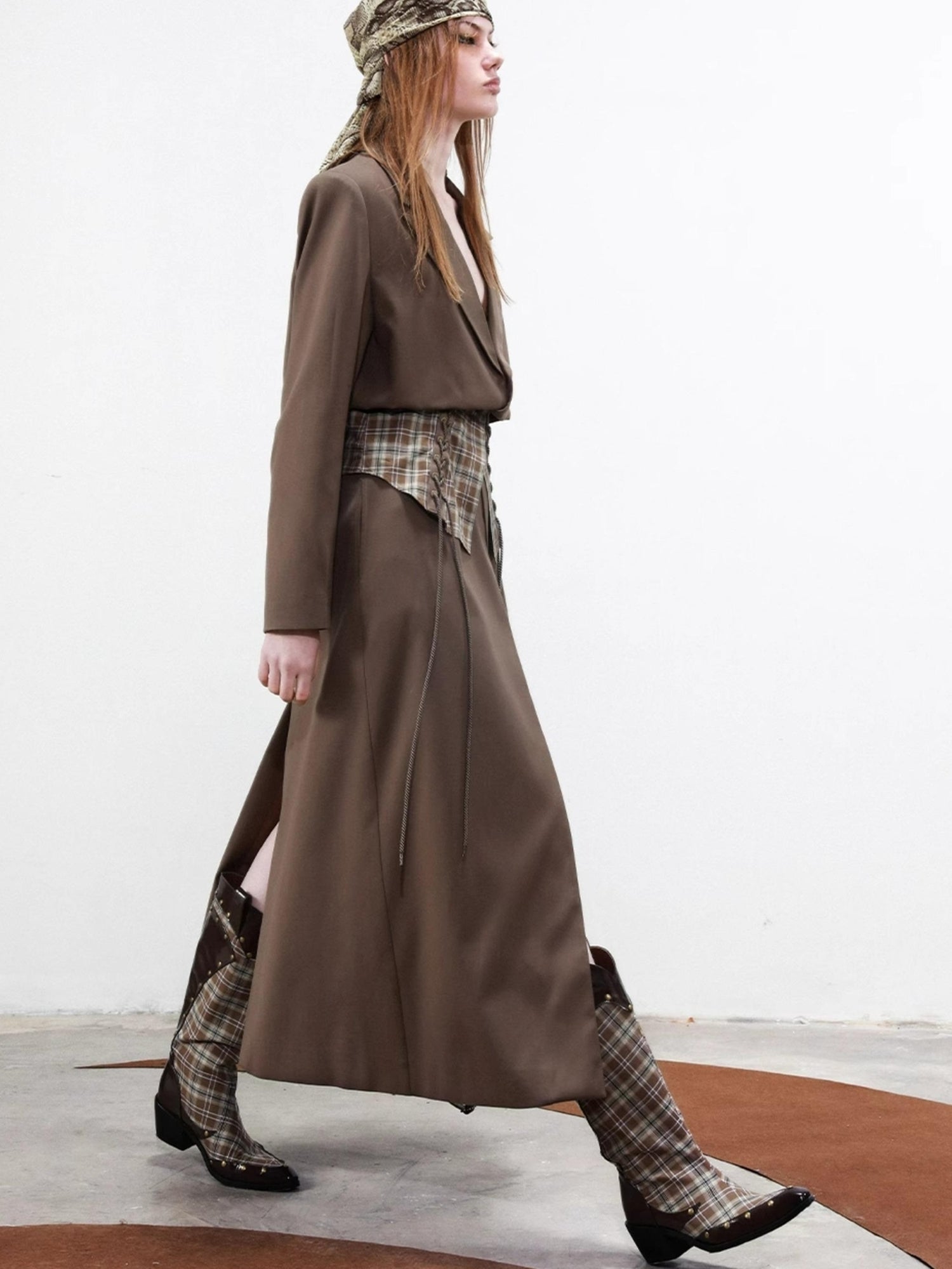 UpdateNN NORTH NODE Long Trench Coat With Detachable Grid Waist Sash