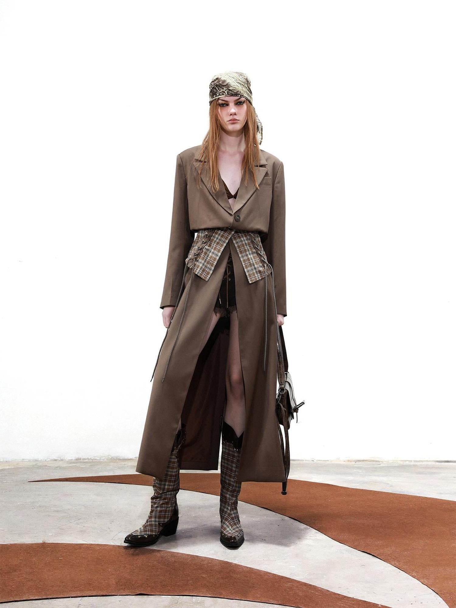 UpdateNN NORTH NODE Long Trench Coat With Detachable Grid Waist Sash