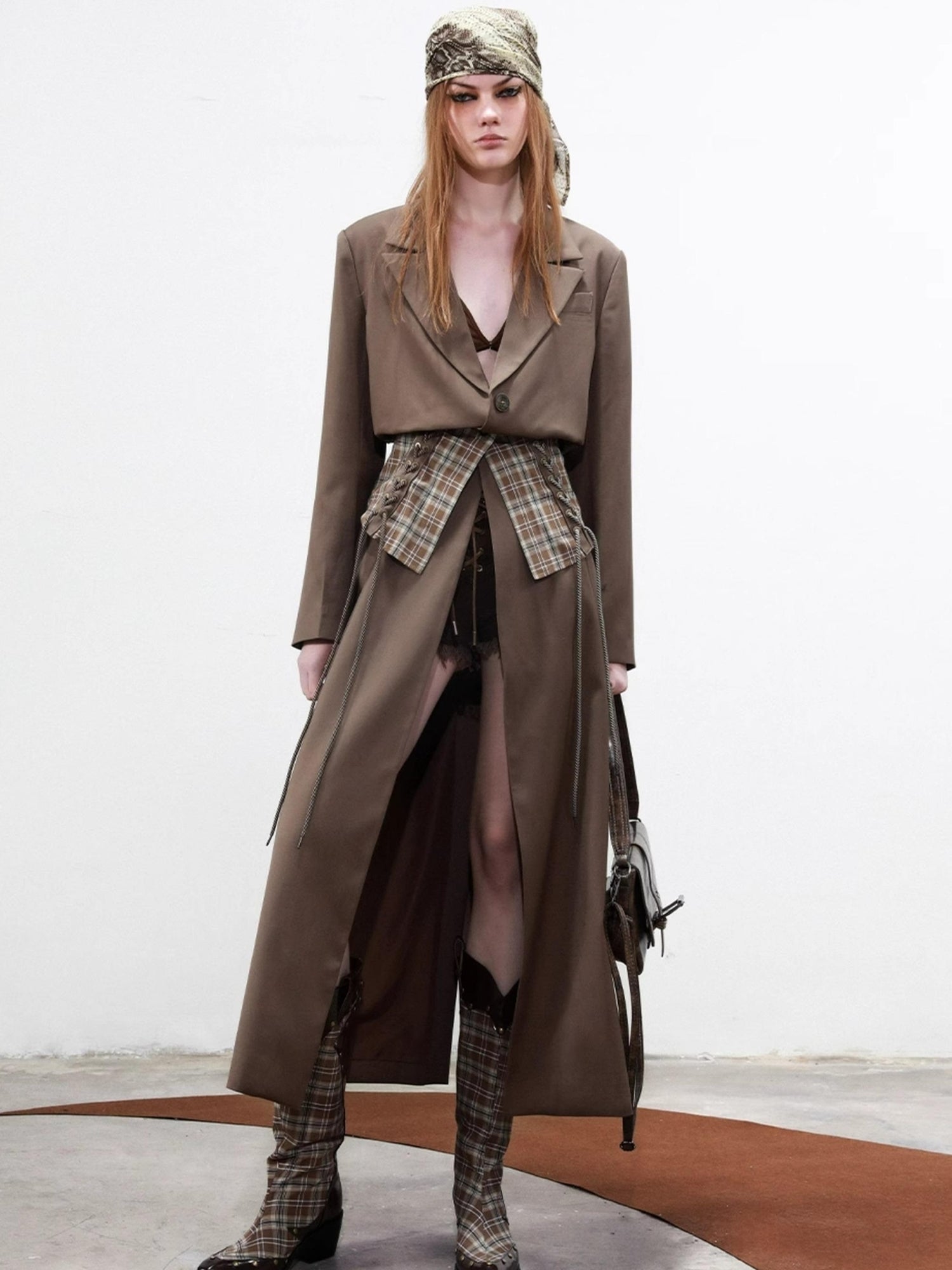 UpdateNN NORTH NODE Long Trench Coat With Detachable Grid Waist Sash
