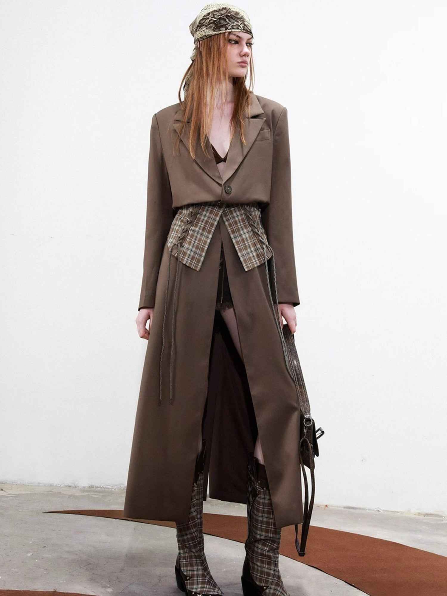 UpdateNN NORTH NODE Long Trench Coat With Detachable Grid Waist Sash