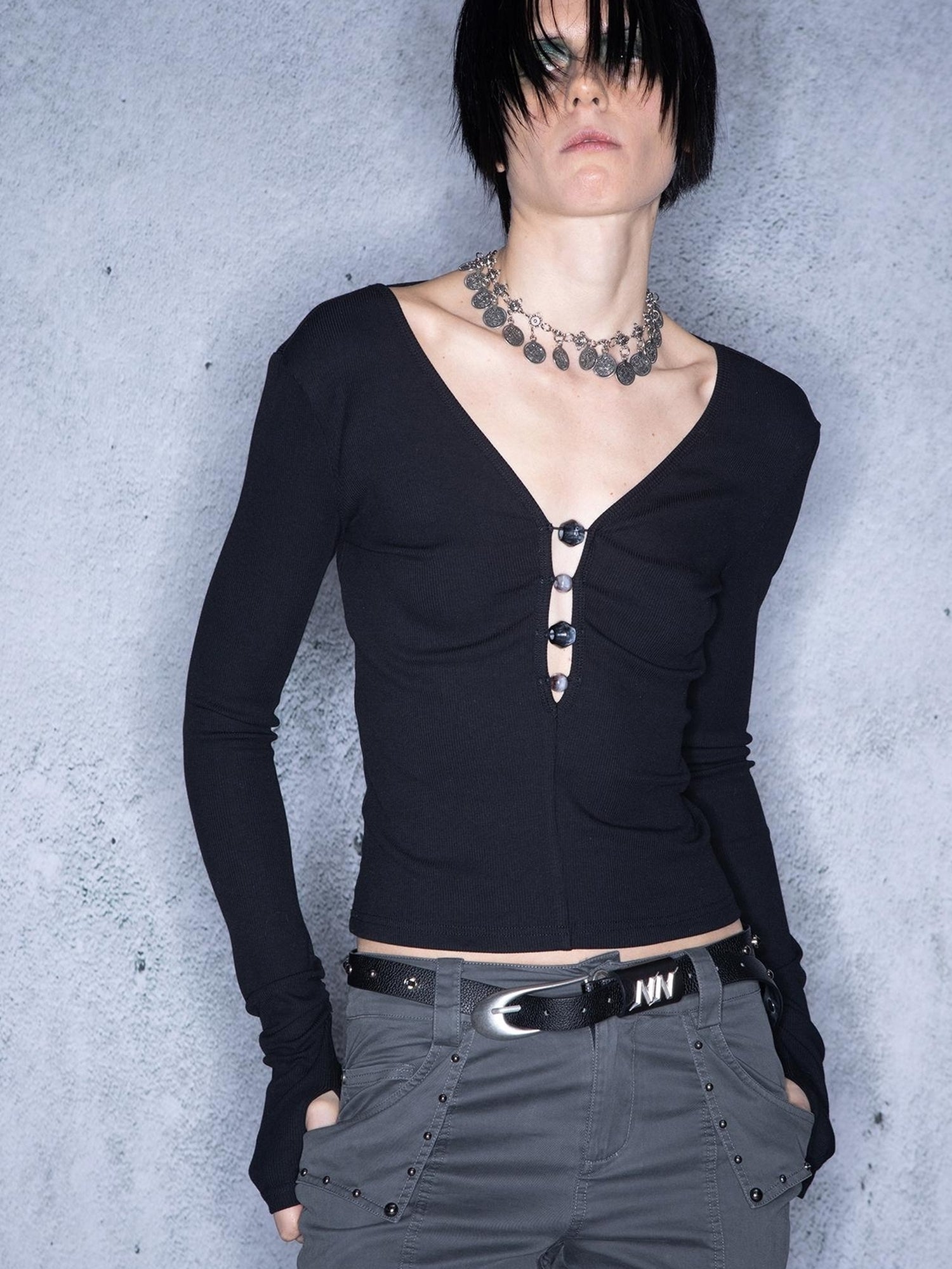 UpdateNN NORTH NODE Low Back Beaded V-Neck Long Sleeve Top