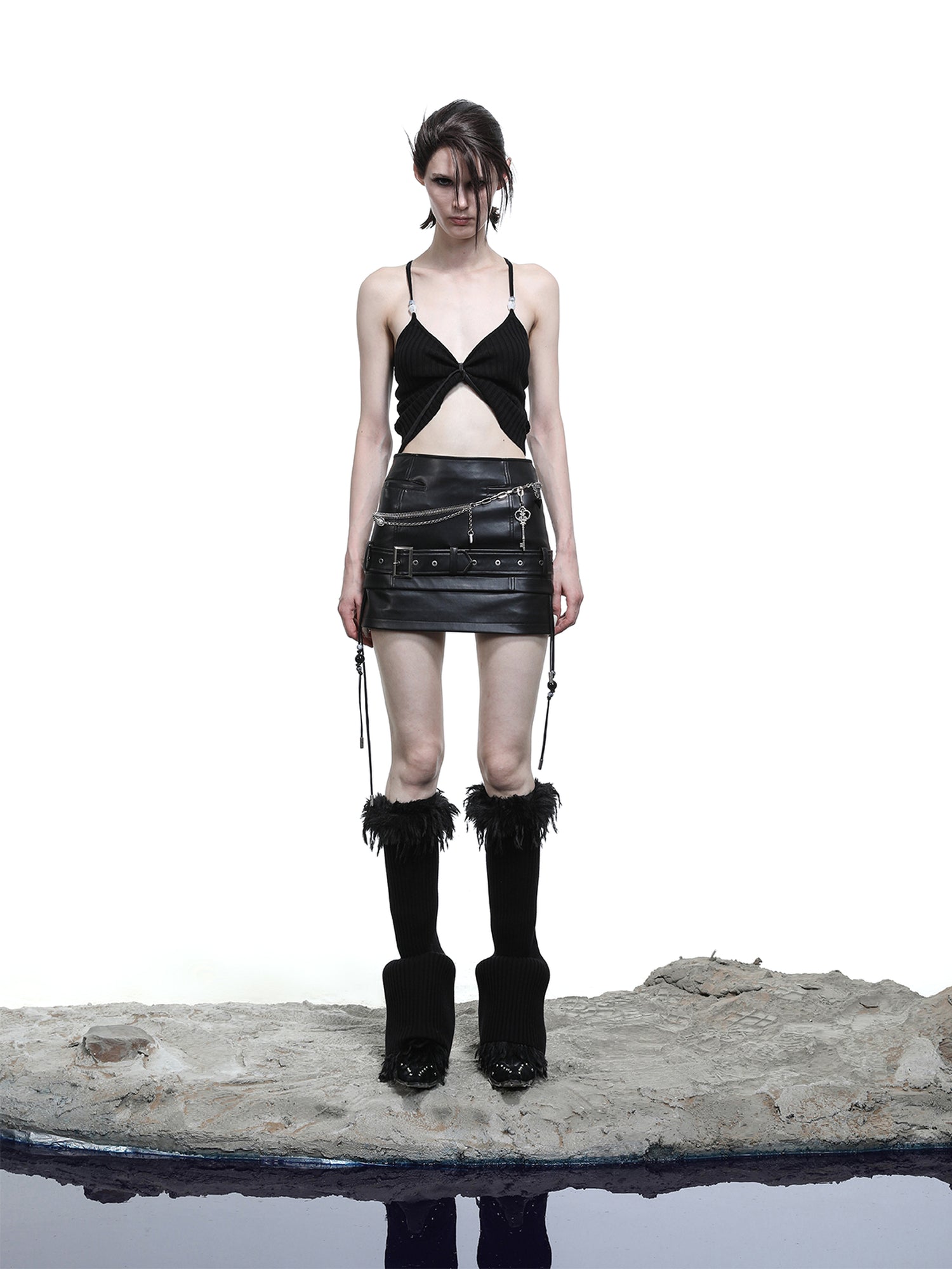 NN NORTH NODE Loz Beaded Belted Pu Mini Skirt