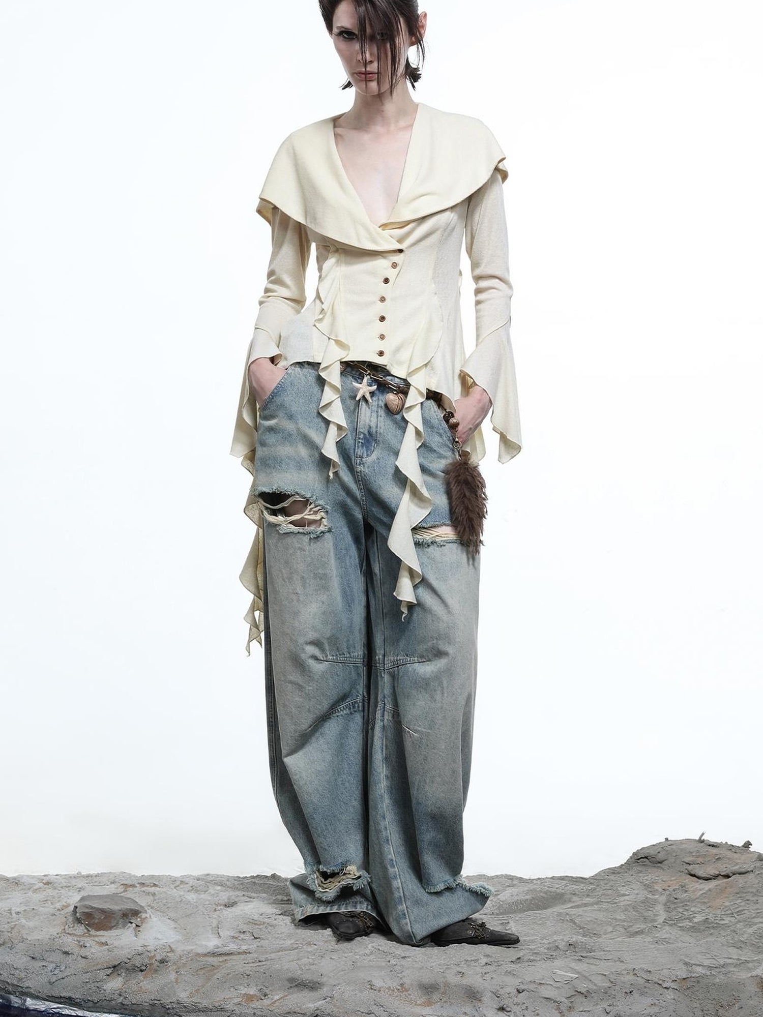 NN NORTH NODE Lycocell Asymmetrical Hem Knit Cardigan