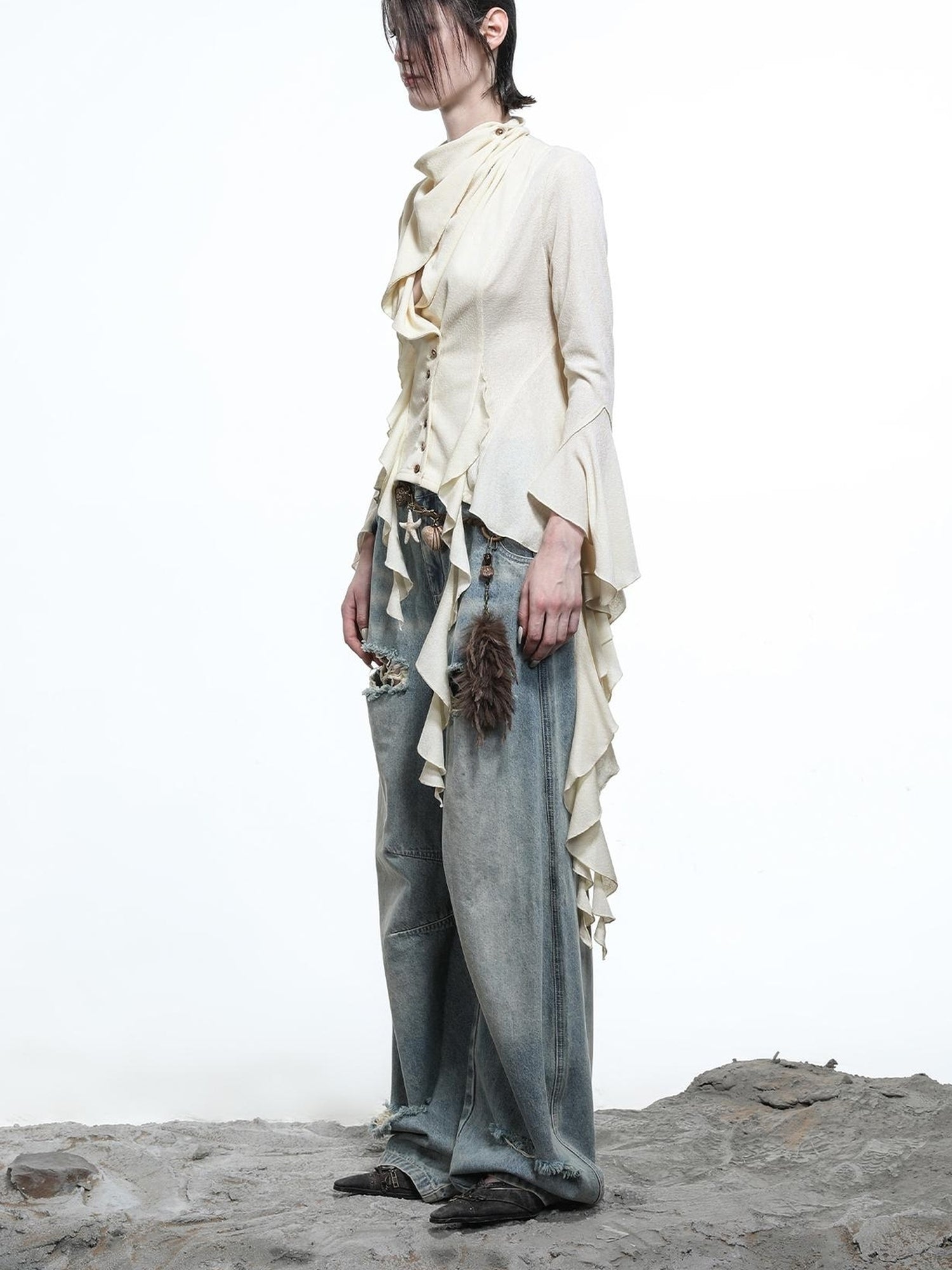 NN NORTH NODE Lycocell Asymmetrical Hem Knit Cardigan