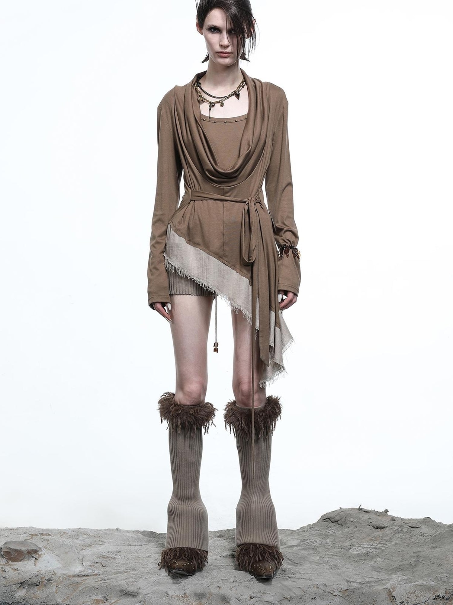 NN NORTH NODE Lyocell Draped Asymmetric Hem Knit T-shirt