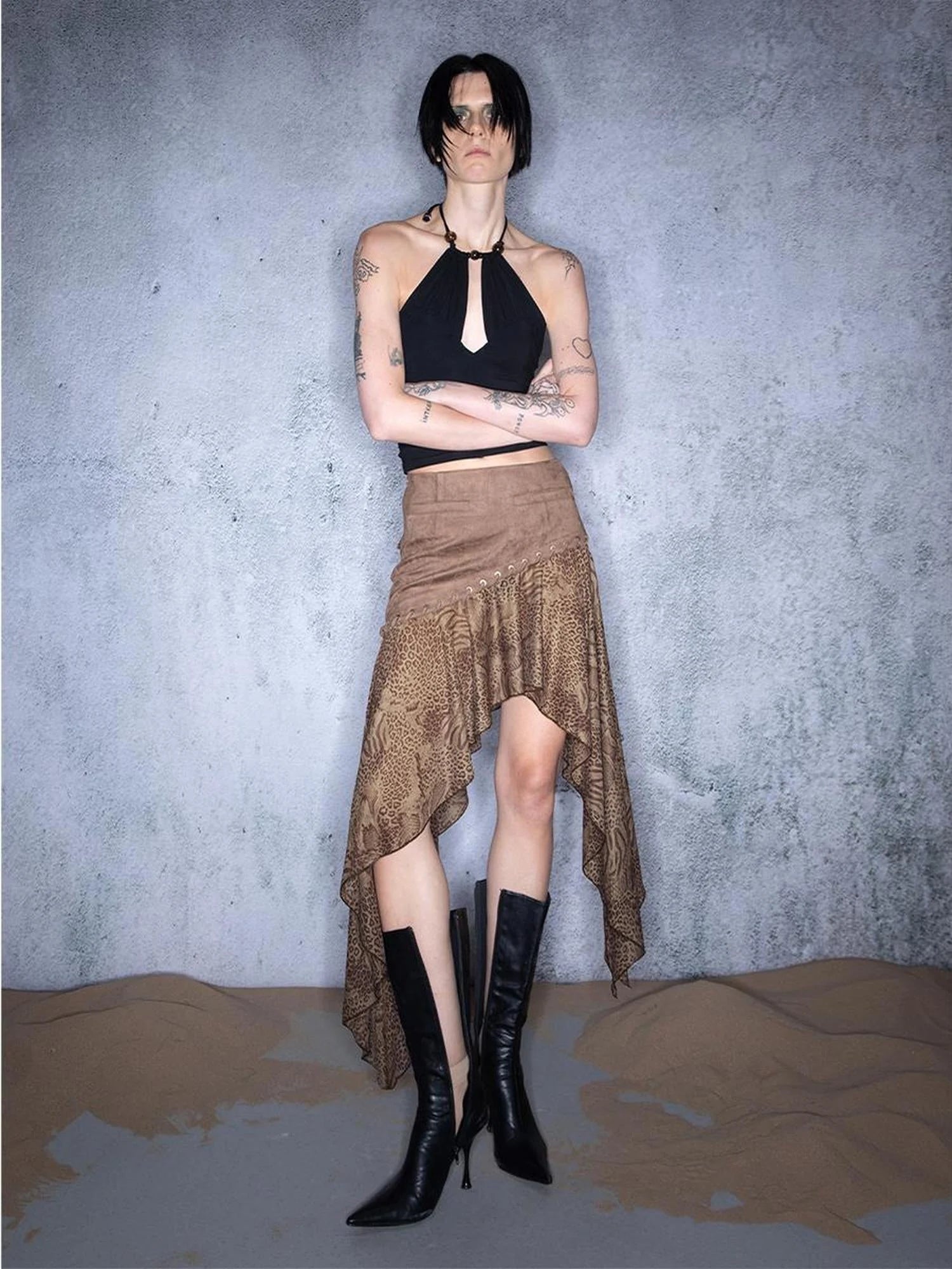 Nomadic Mesh Patchwork Hemline Asymmetrical Skirt