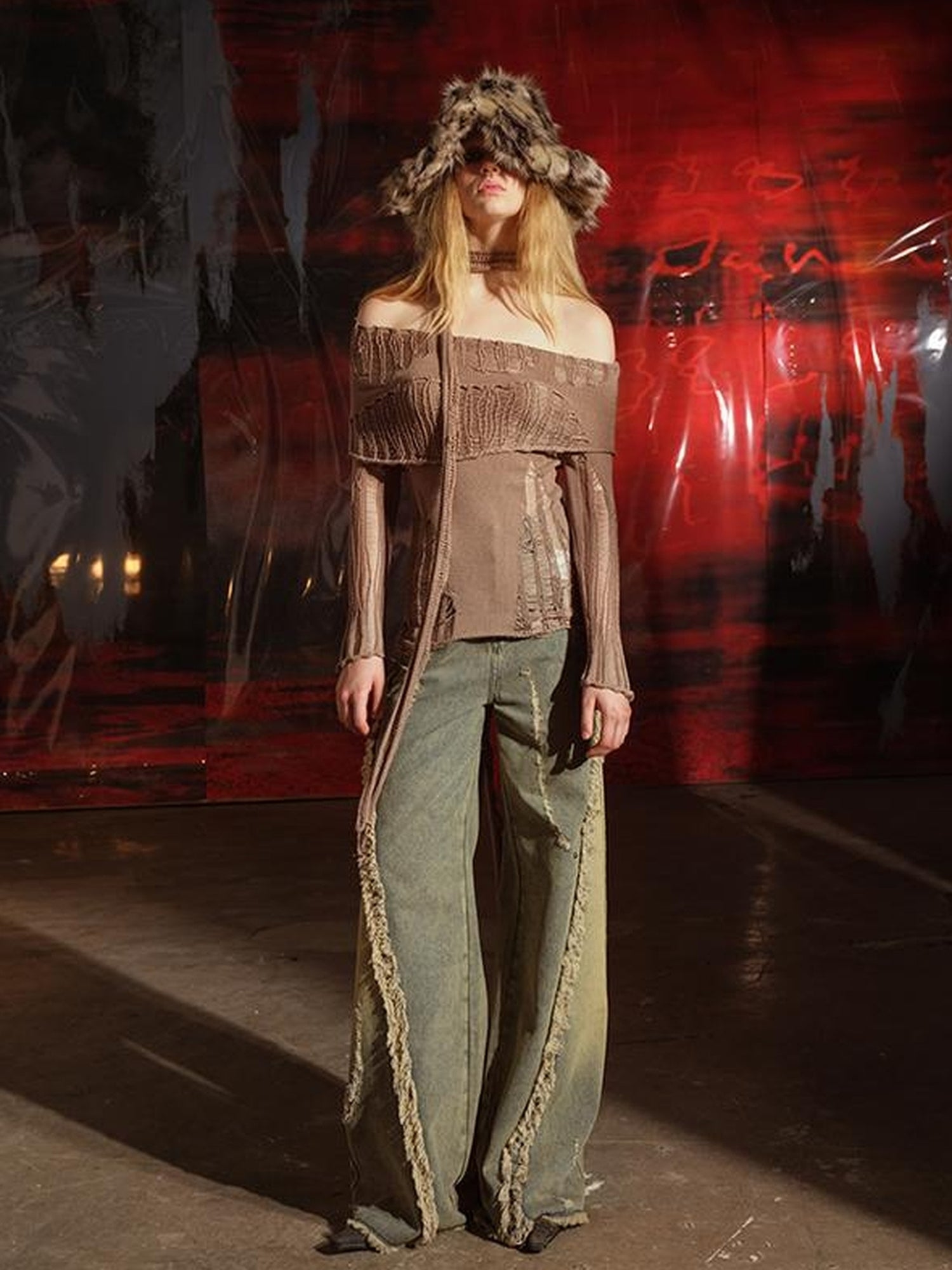 NN NORTH NODE One Shoulder Knit Set with Asymmetrical Neckline and Distressed Detailing