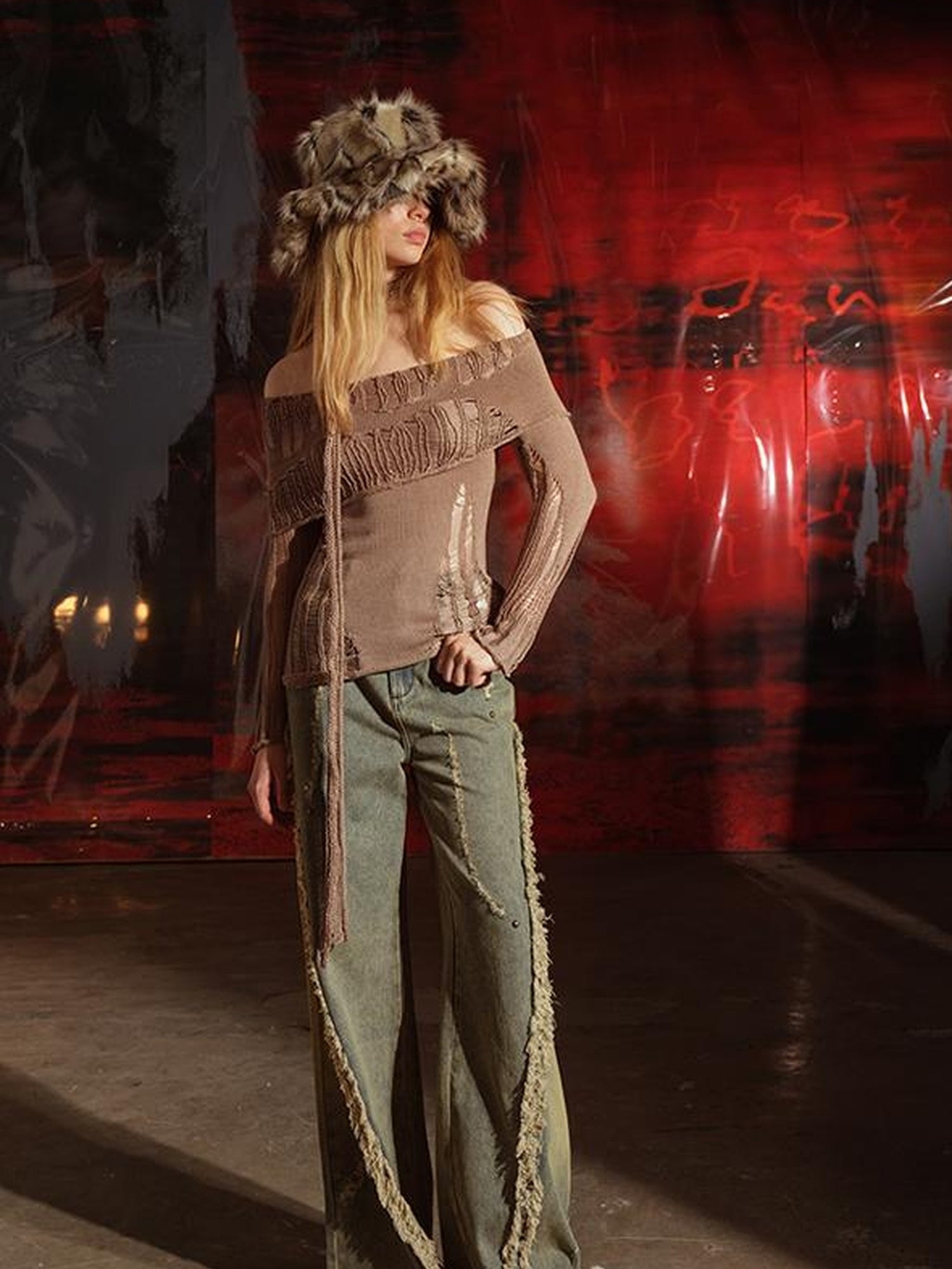 NN NORTH NODE One Shoulder Knit Set with Asymmetrical Neckline and Distressed Detailing