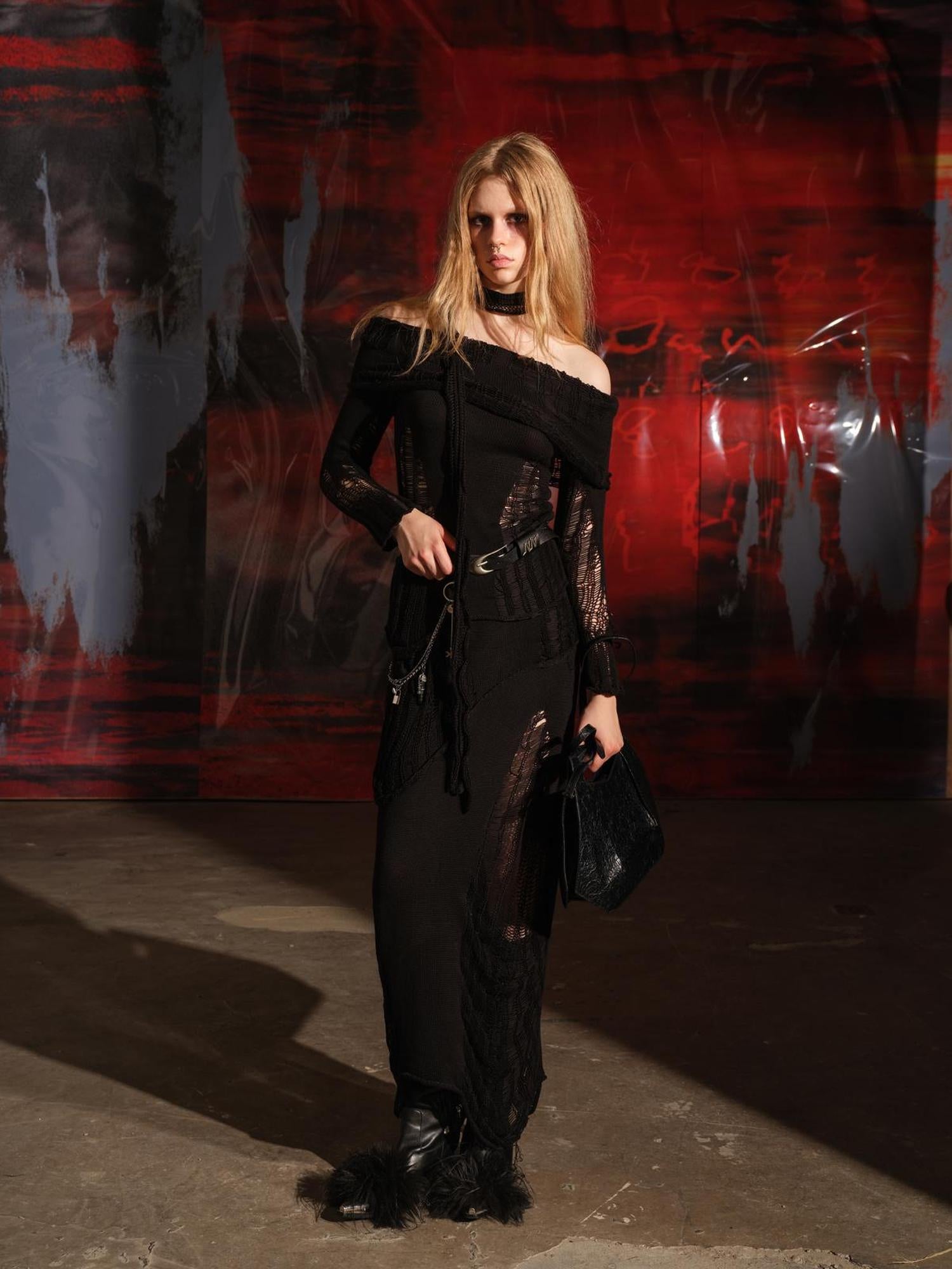 NN NORTH NODE One Shoulder Knit Set with Asymmetrical Neckline and Distressed Detailing