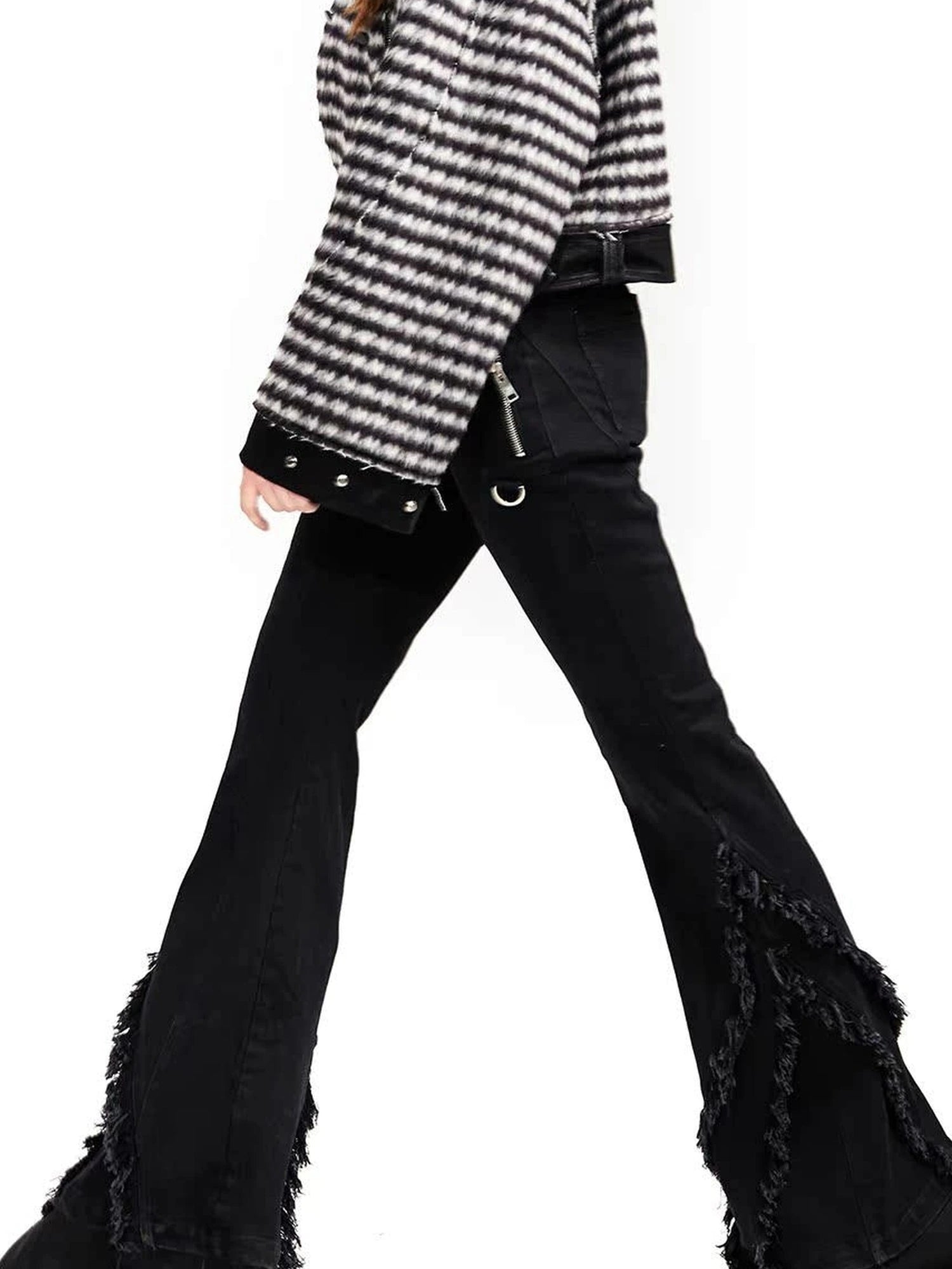 Original Design Flared Denim With Fringe Hem